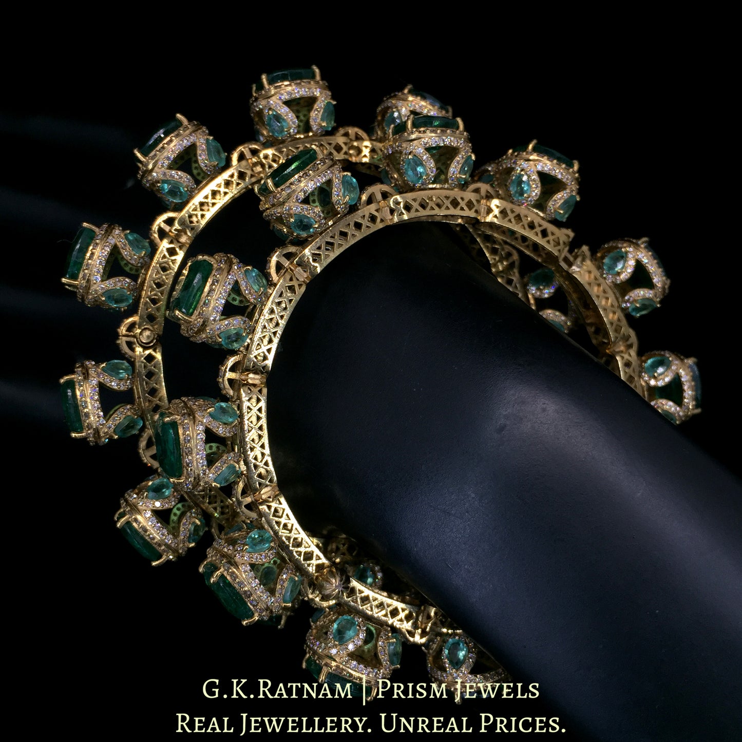 18K Gold and Diamond Polki Open Setting pacheli-style Bangle Pair with Lab Grown Emeralds