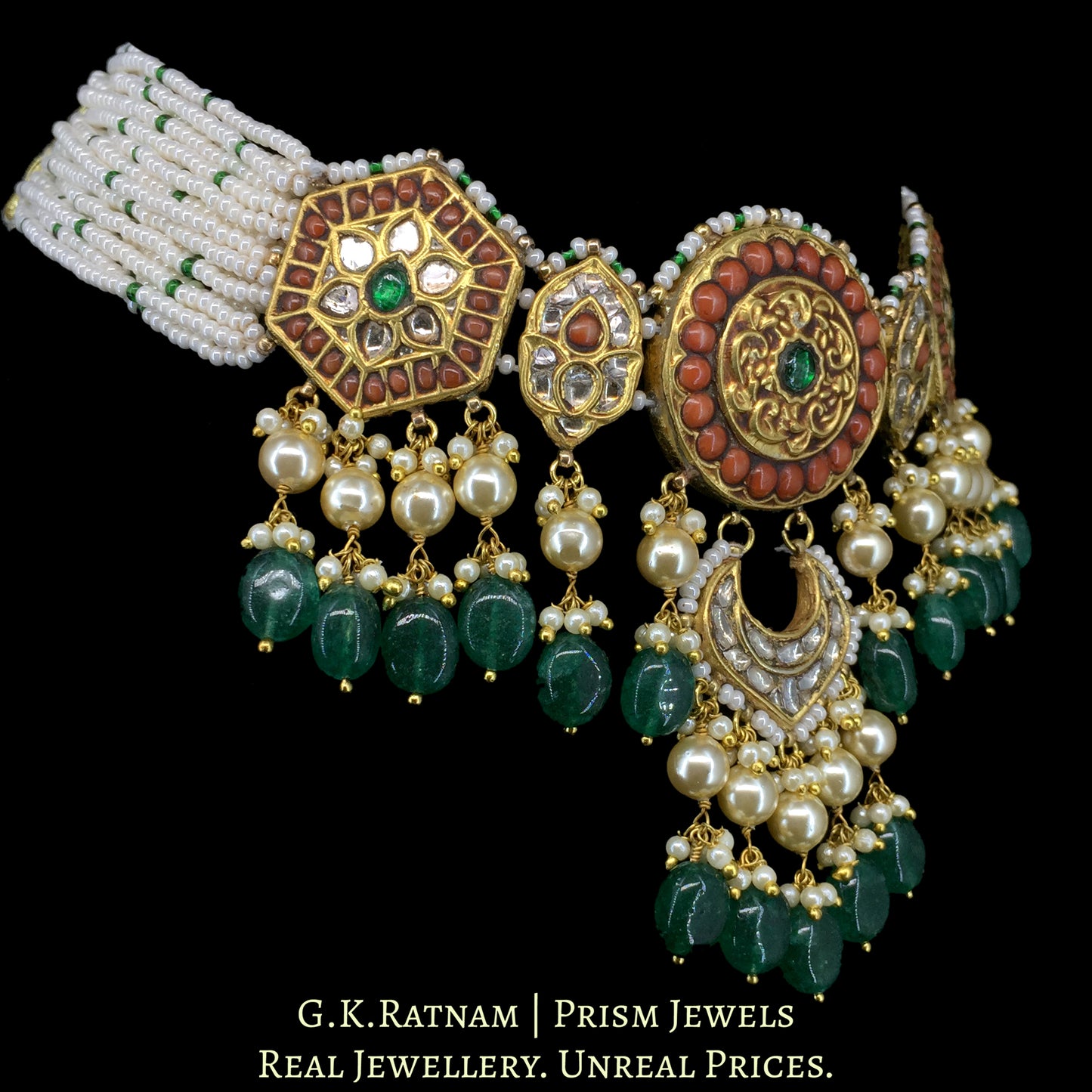 23K Gold And Diamond Polki Choker Necklace With Pearls And Coral - G. K. Ratnam