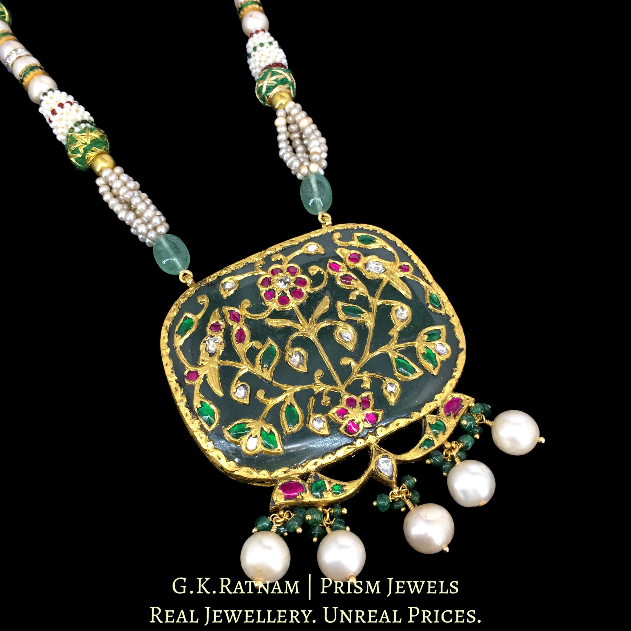 23k Gold and Diamond Polki Holdali Pendant with basra-like Antiqued Hyderabadi Pearls
