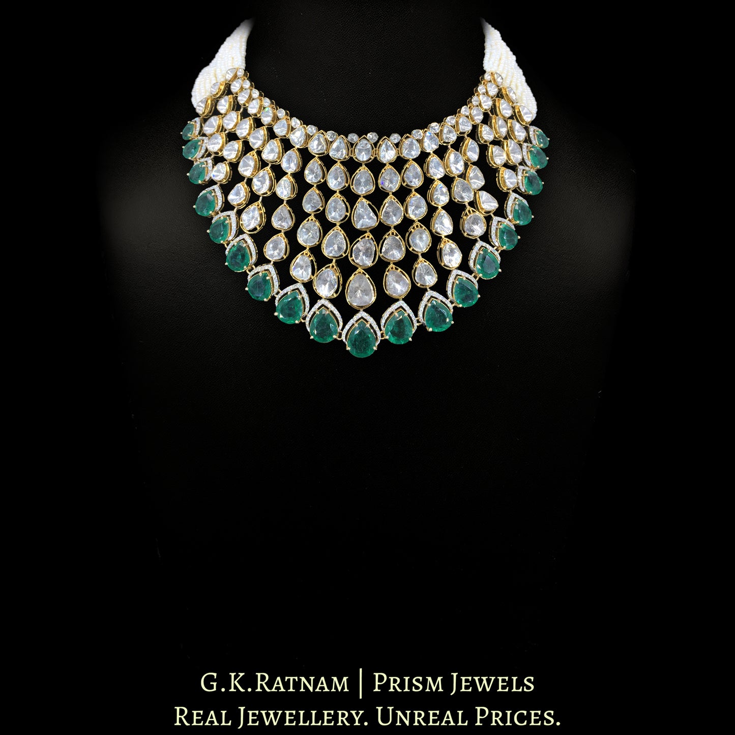 14k Gold and Diamond Polki Open Setting Necklace with Lab-Grown Emeralds