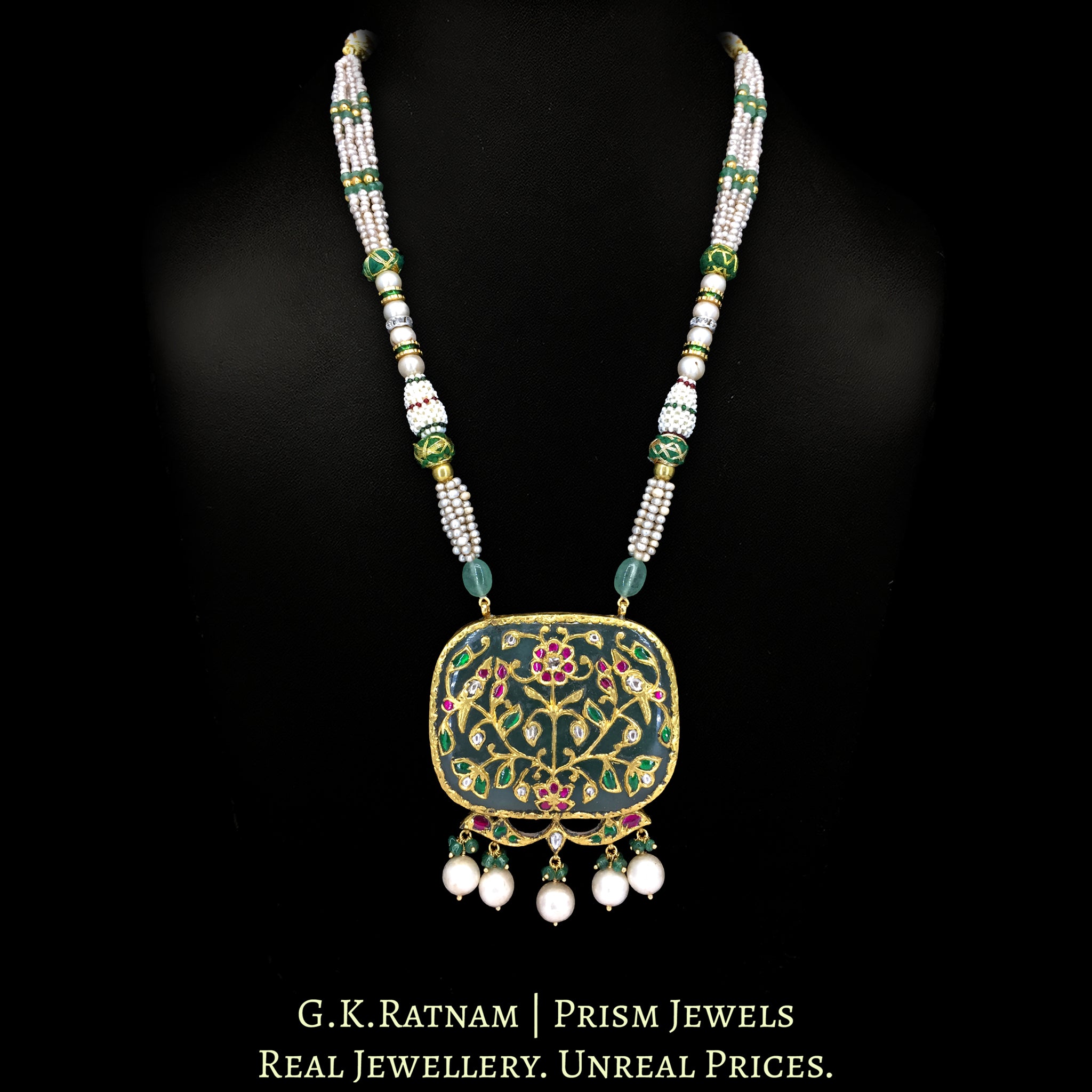 23k Gold and Diamond Polki Holdali Pendant with basra-like Antiqued Hyderabadi Pearls