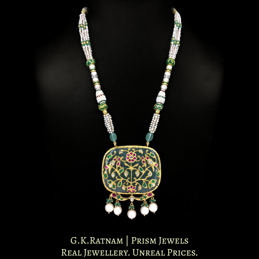 23k Gold and Diamond Polki Holdali Pendant with basra-like Antiqued Hyderabadi Pearls
