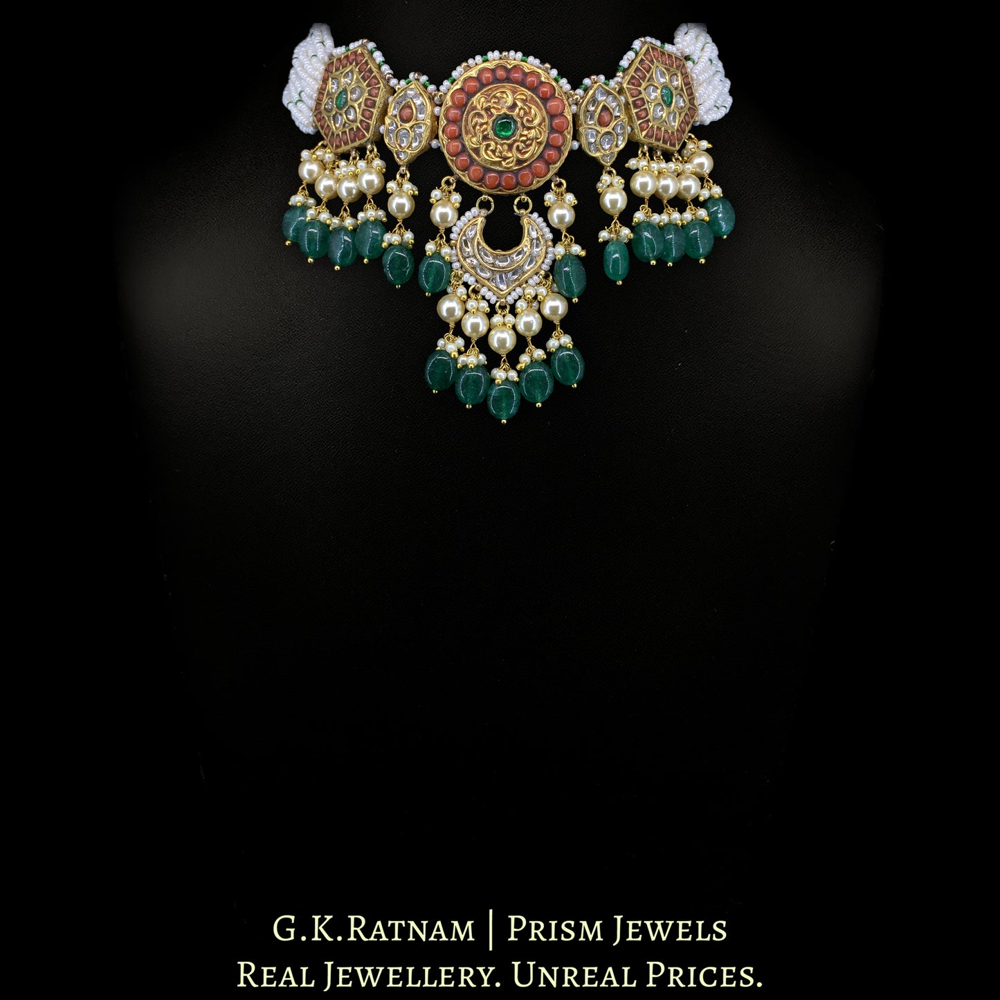 23K Gold And Diamond Polki Choker Necklace With Pearls And Coral - G. K. Ratnam
