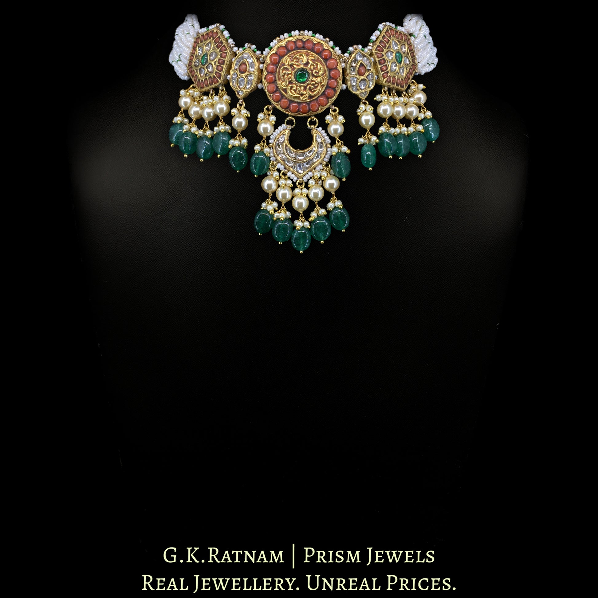 23K Gold And Diamond Polki Choker Necklace With Pearls And Coral - G. K. Ratnam