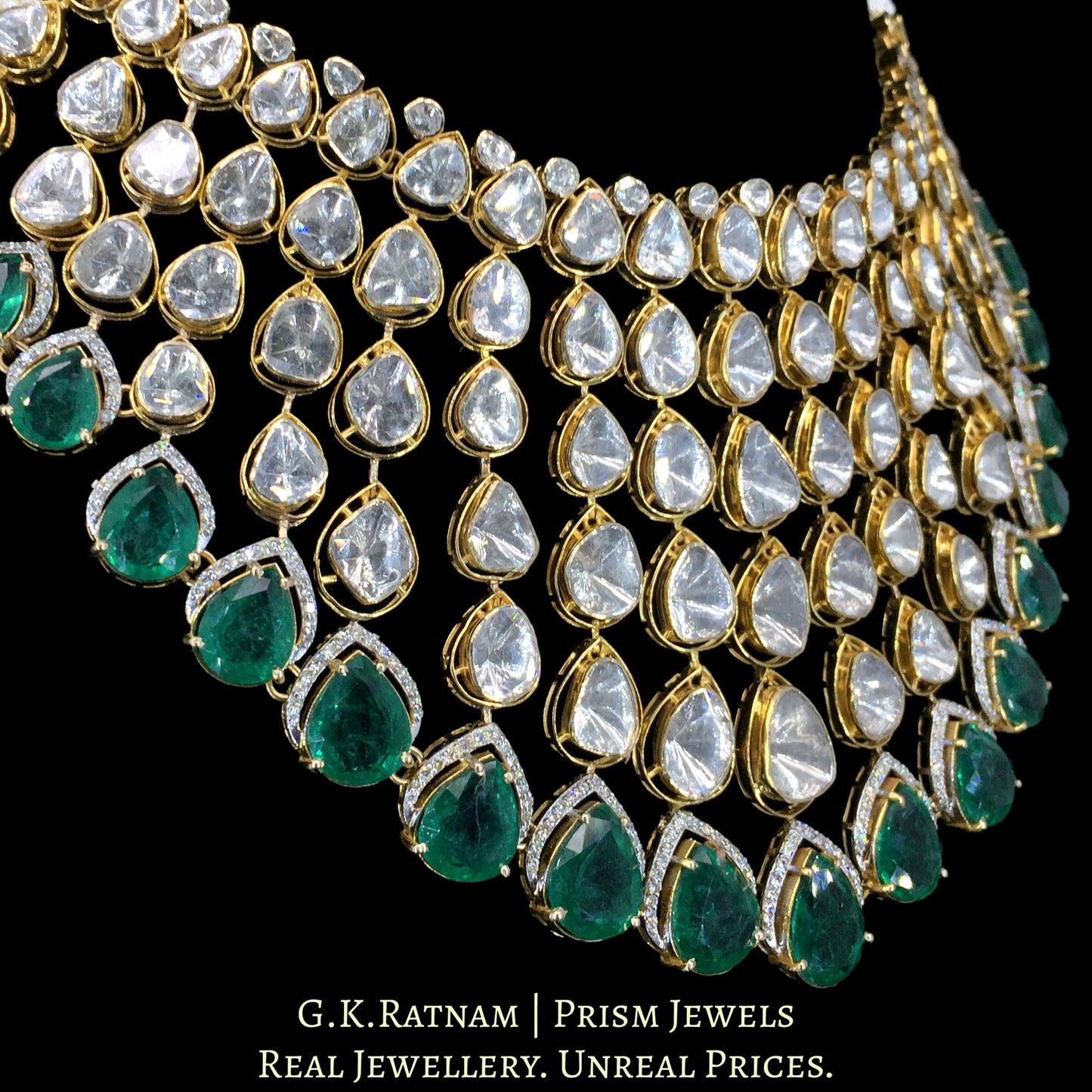 14k Gold and Diamond Polki Open Setting Necklace with Lab-Grown Emeralds