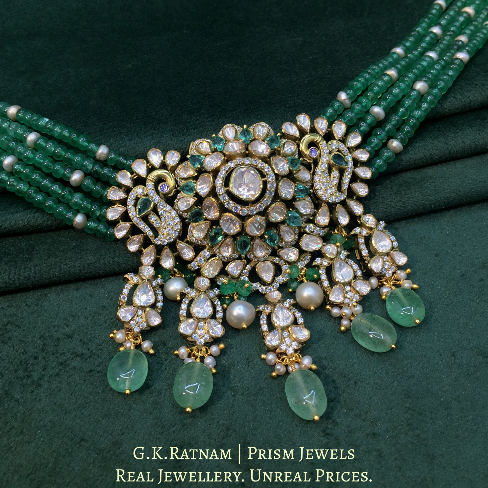 925 Silver And Moissanite Polki  Choker Necklace Set With Strawberry Quartz And Pearls - G. K. Ratnam