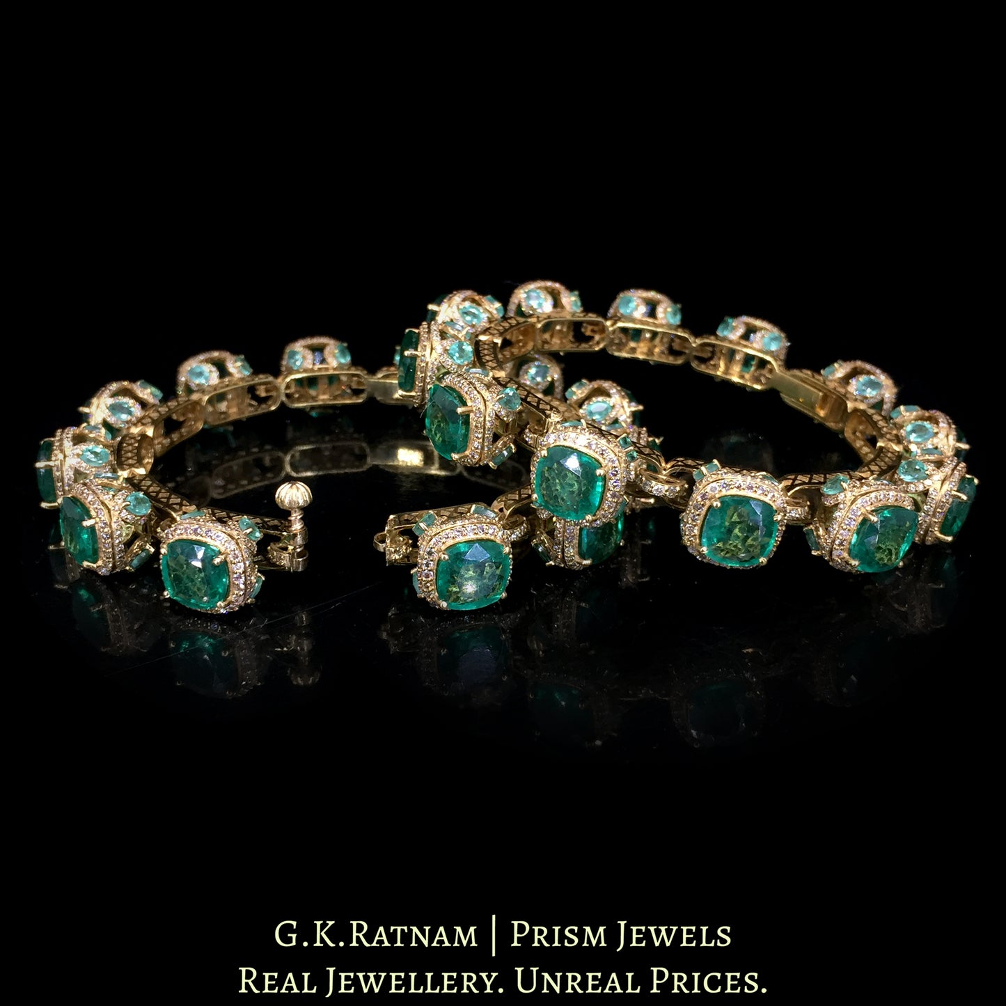 18K Gold and Diamond Polki Open Setting pacheli-style Bangle Pair with Lab Grown Emeralds