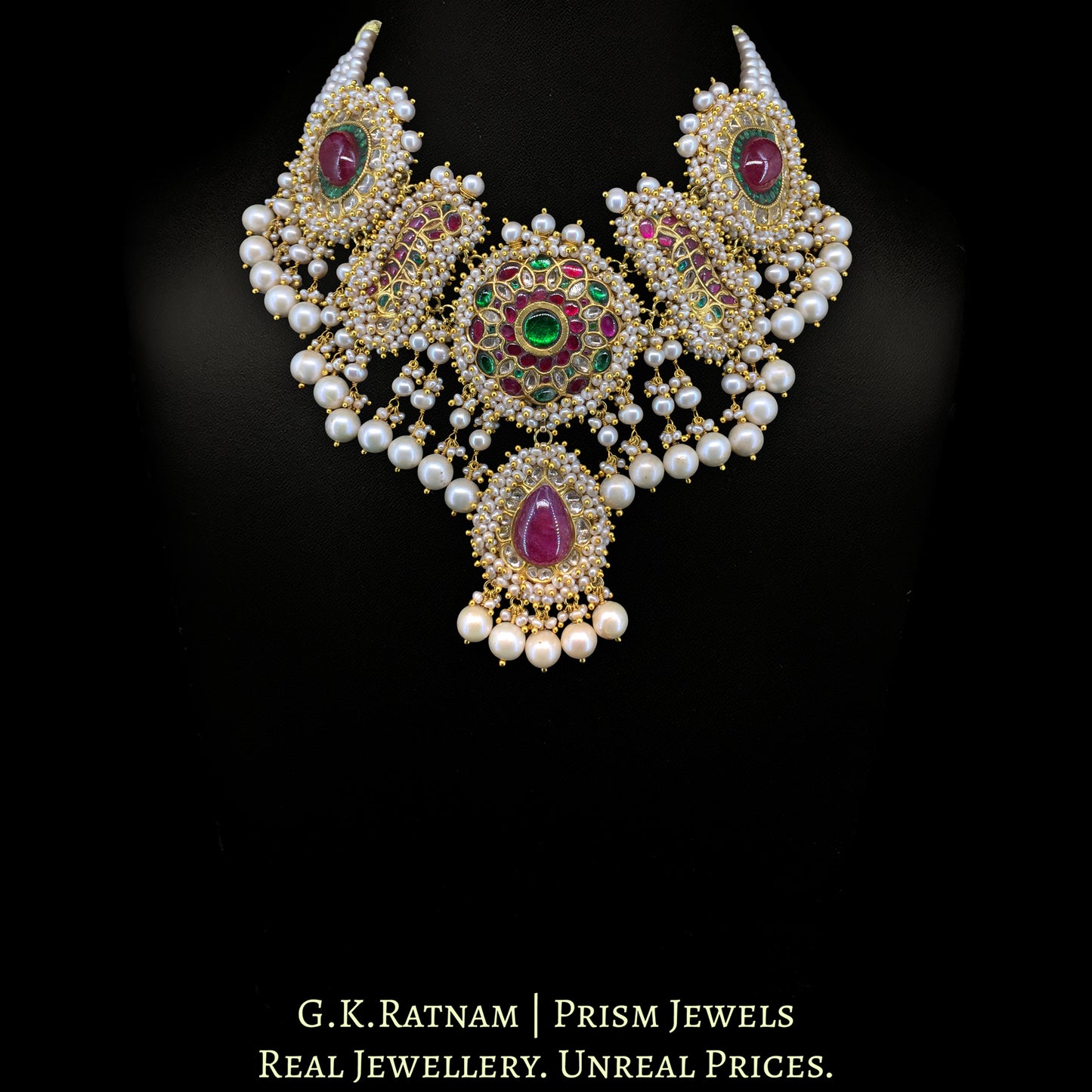 23K Gold And Diamond Polki Necklace With Glass Filled Rubies And Strung In Pearls - G. K. Ratnam