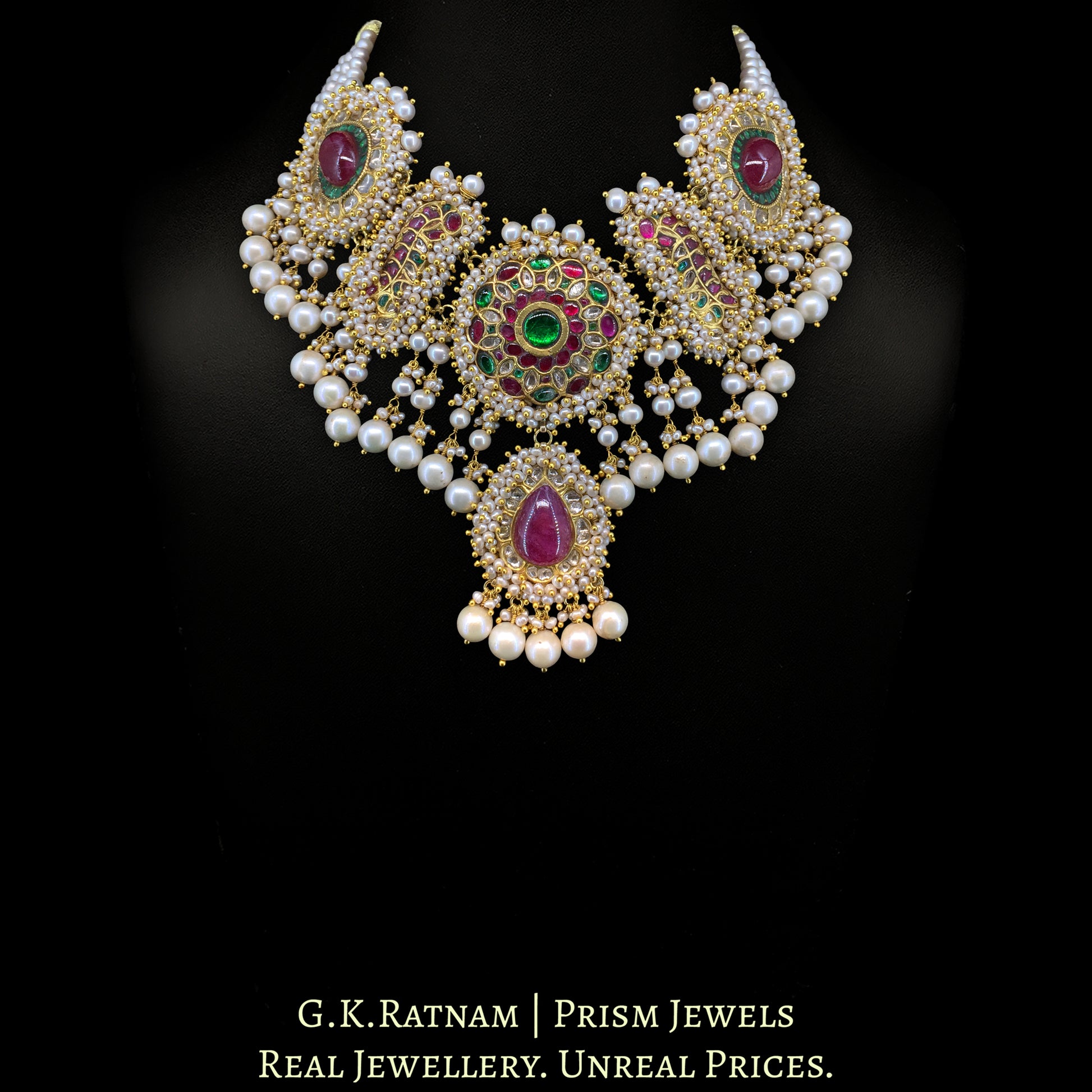 23K Gold And Diamond Polki Necklace With Glass Filled Rubies And Strung In Pearls - G. K. Ratnam