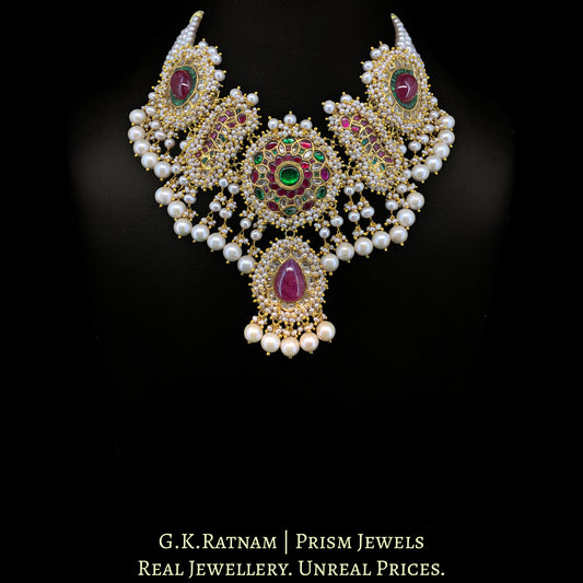 23K Gold And Diamond Polki Necklace With Glass Filled Rubies And Strung In Pearls - G. K. Ratnam