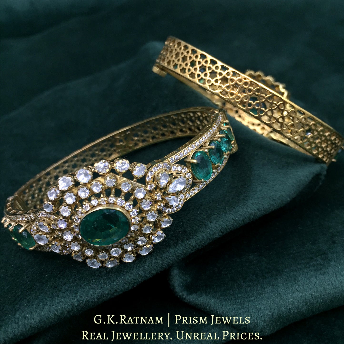 925 Silver Moissanites Bangle pair With Lab Grown Emeralds - G. K. Ratnam