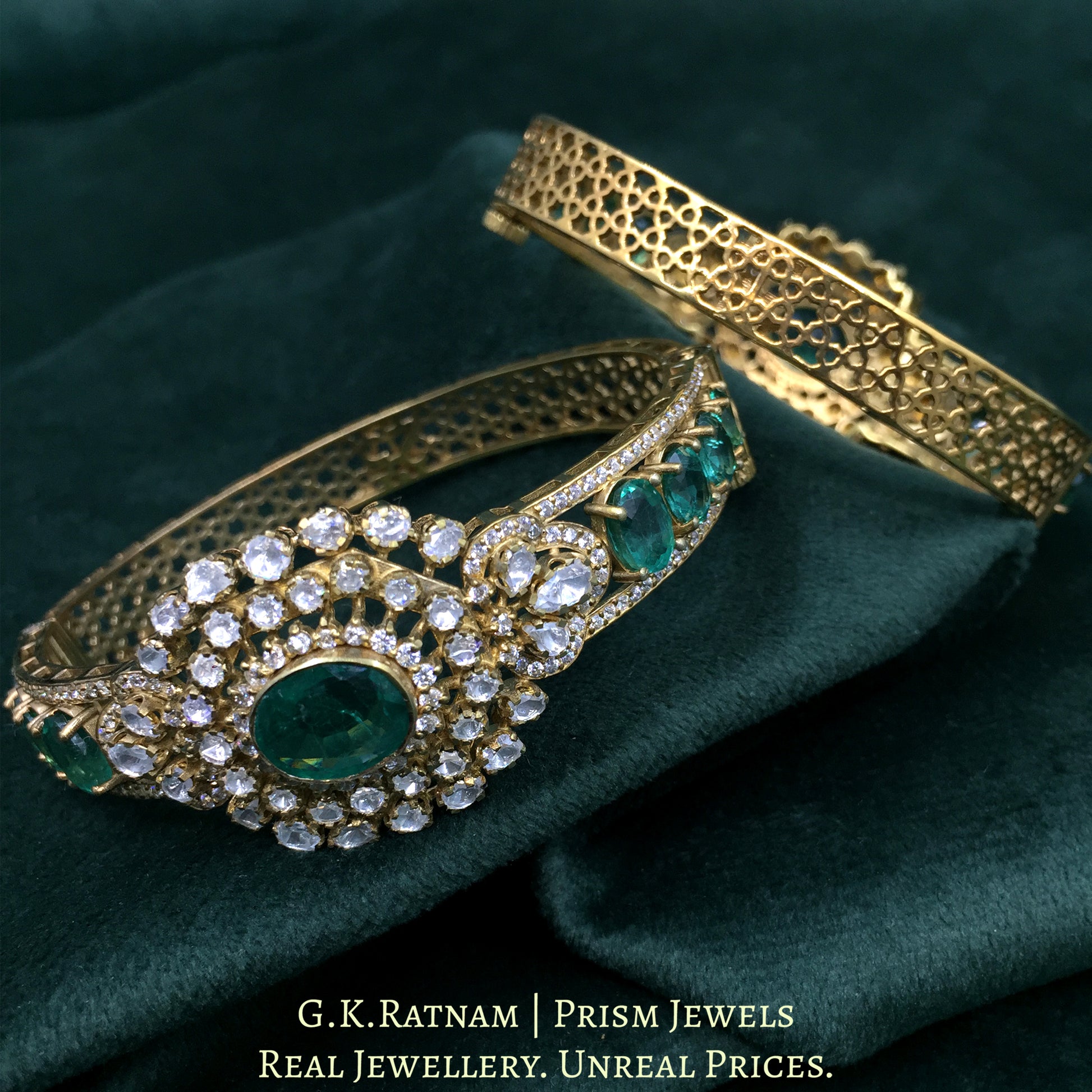 925 Silver Moissanites Bangle pair With Lab Grown Emeralds - G. K. Ratnam