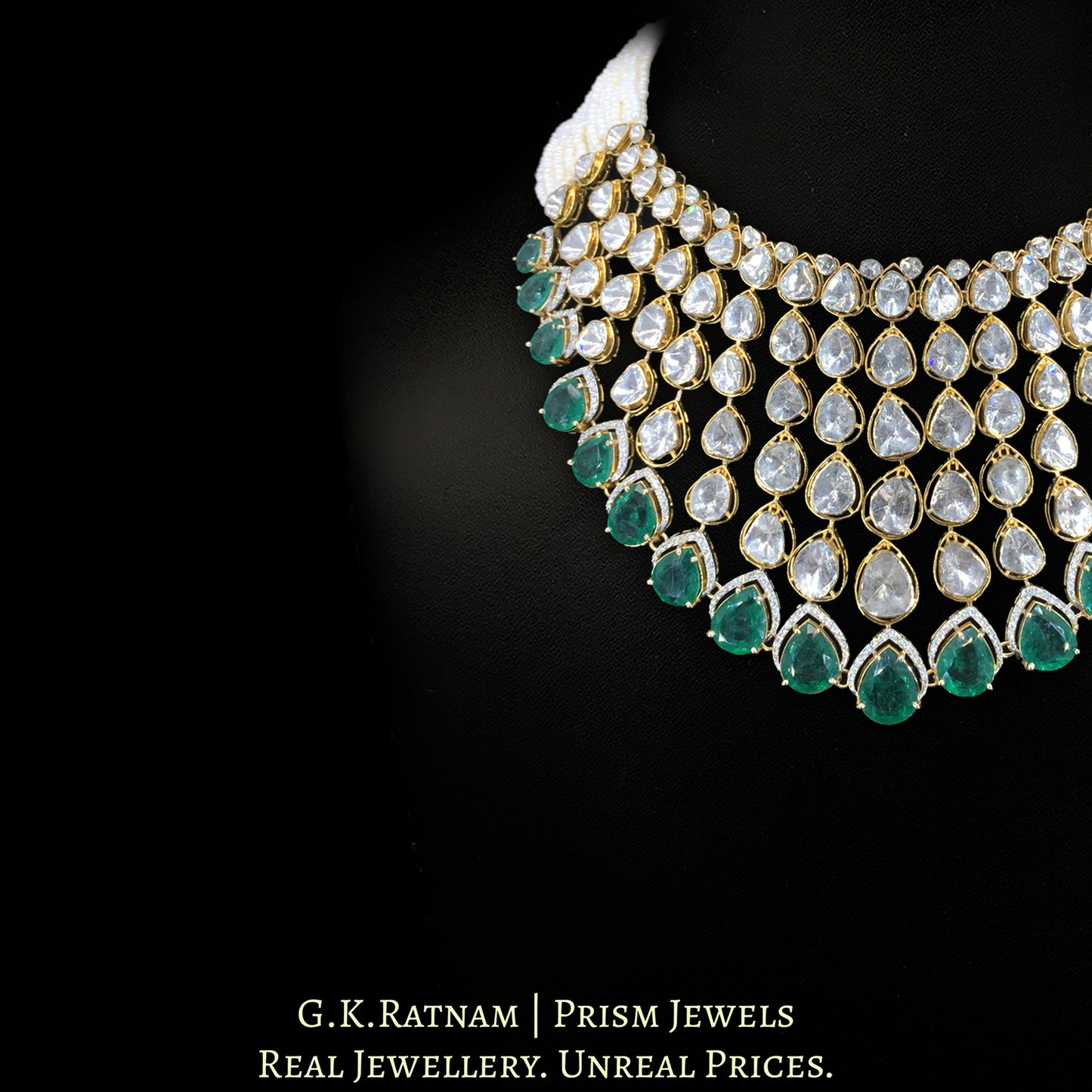 14k Gold and Diamond Polki Open Setting Necklace with Lab-Grown Emeralds