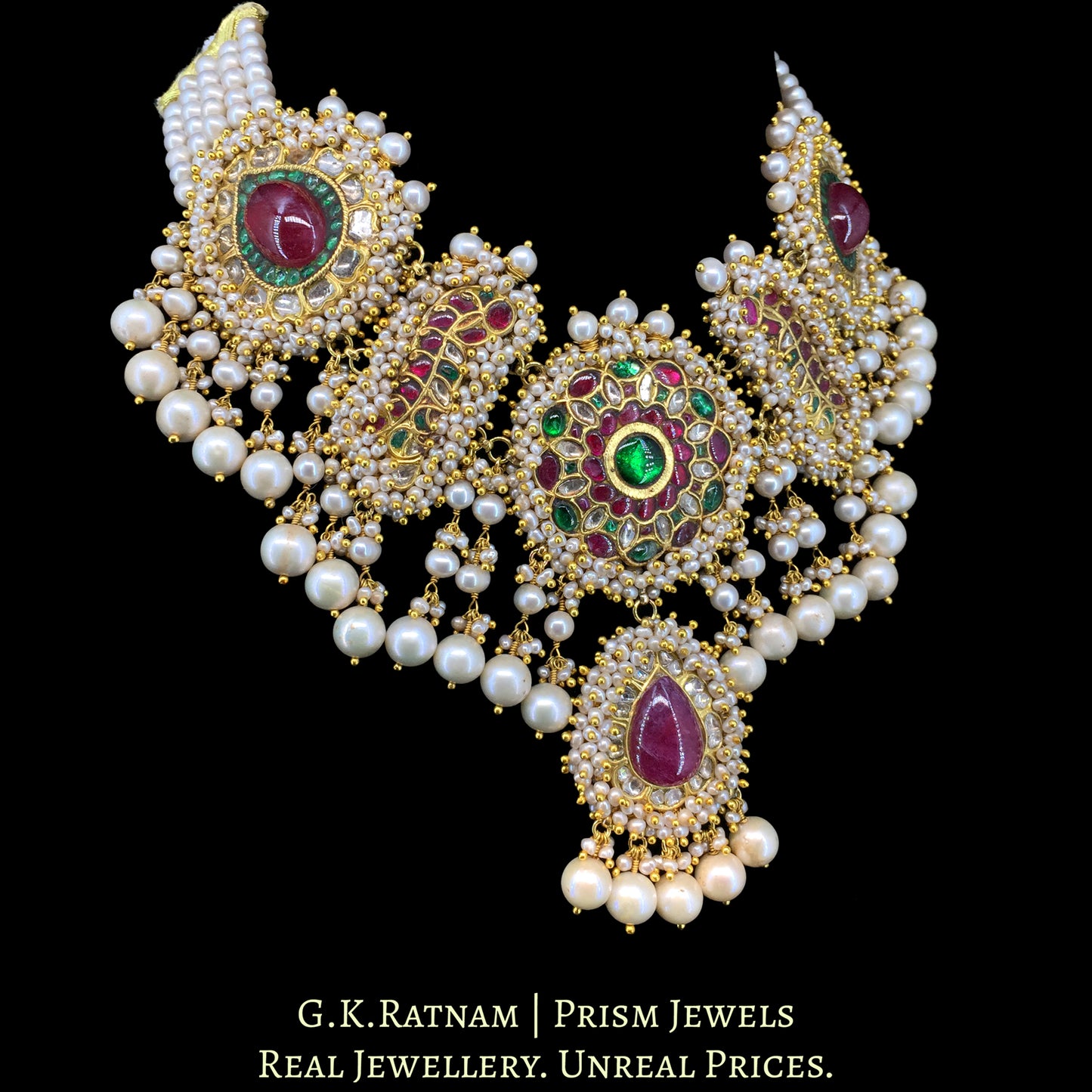23K Gold And Diamond Polki Necklace With Glass Filled Rubies And Strung In Pearls - G. K. Ratnam