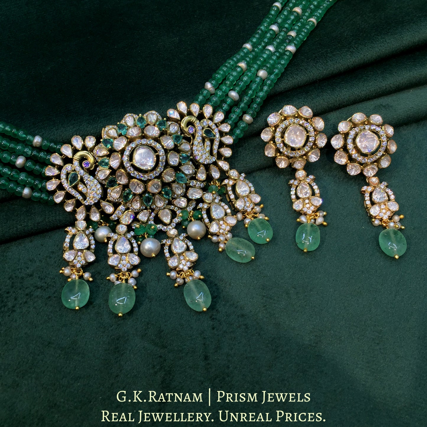 925 Silver And Moissanite Polki  Choker Necklace Set With Strawberry Quartz And Pearls - G. K. Ratnam