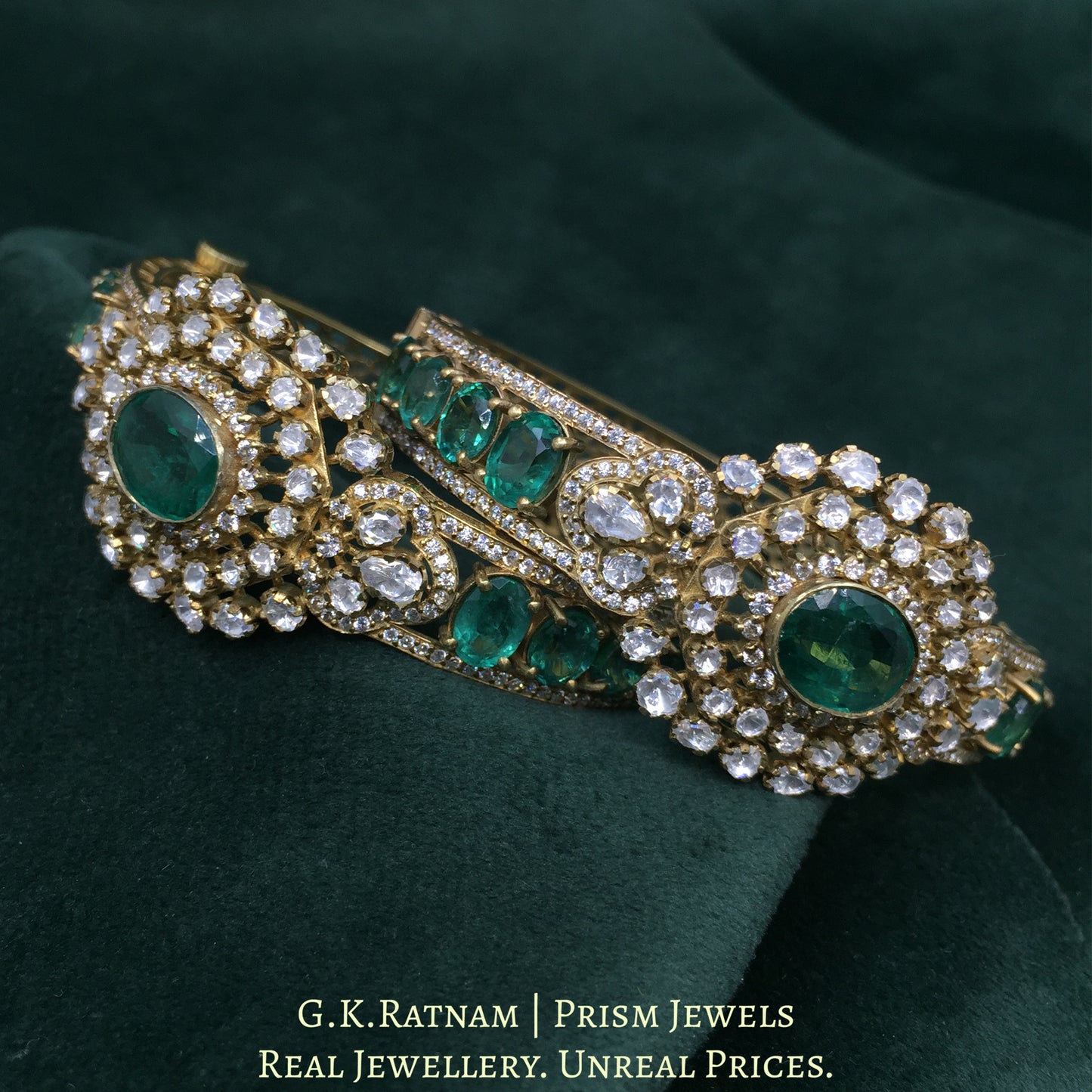 925 Silver Moissanites Bangle pair With Lab Grown Emeralds - G. K. Ratnam