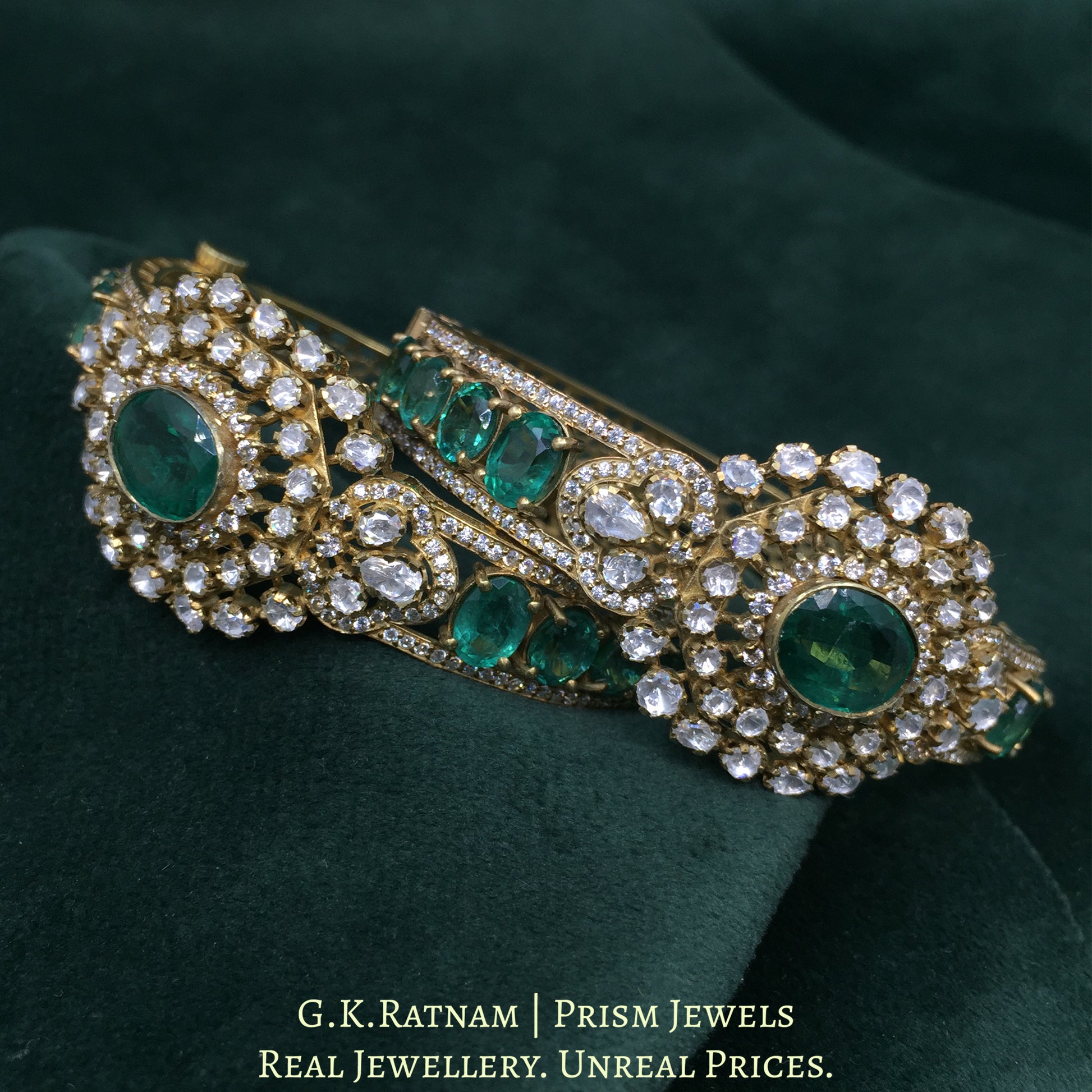 925 Silver Moissanites Bangle pair With Lab Grown Emeralds - G. K. Ratnam