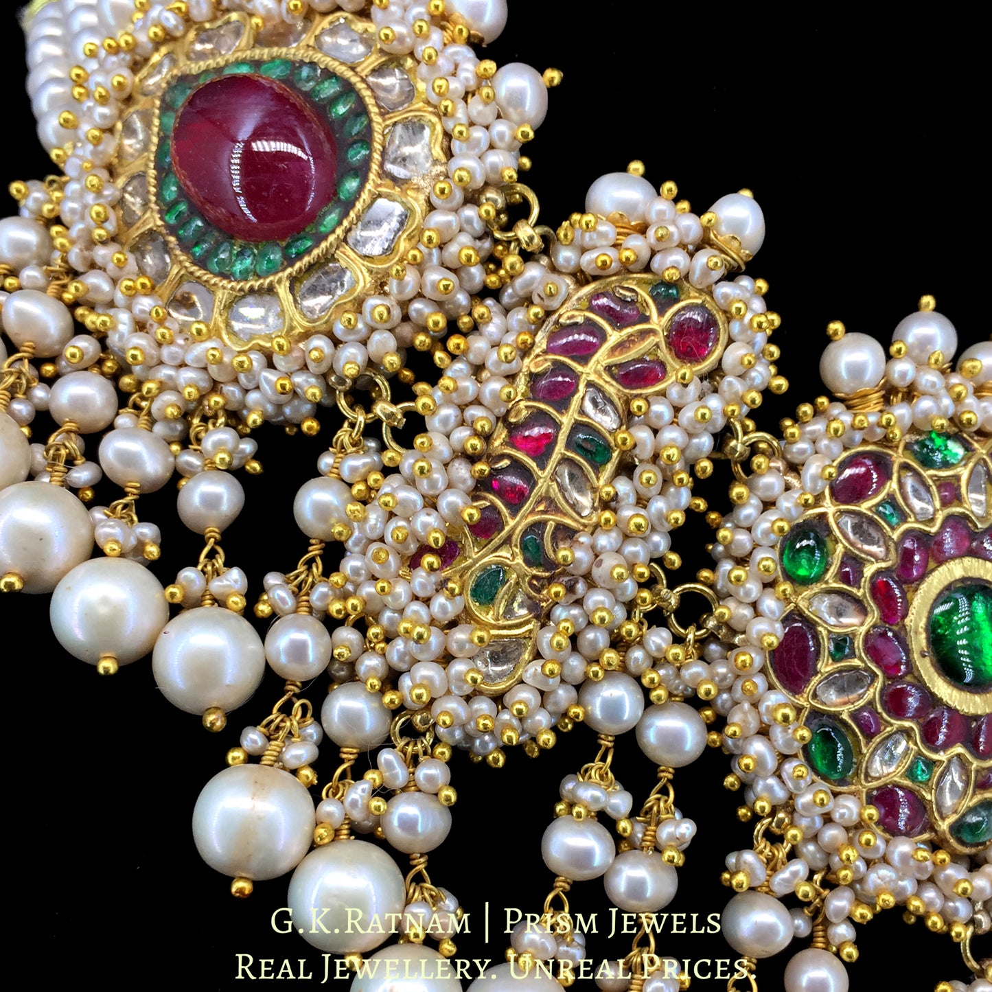 23K Gold And Diamond Polki Necklace With Glass Filled Rubies And Strung In Pearls - G. K. Ratnam