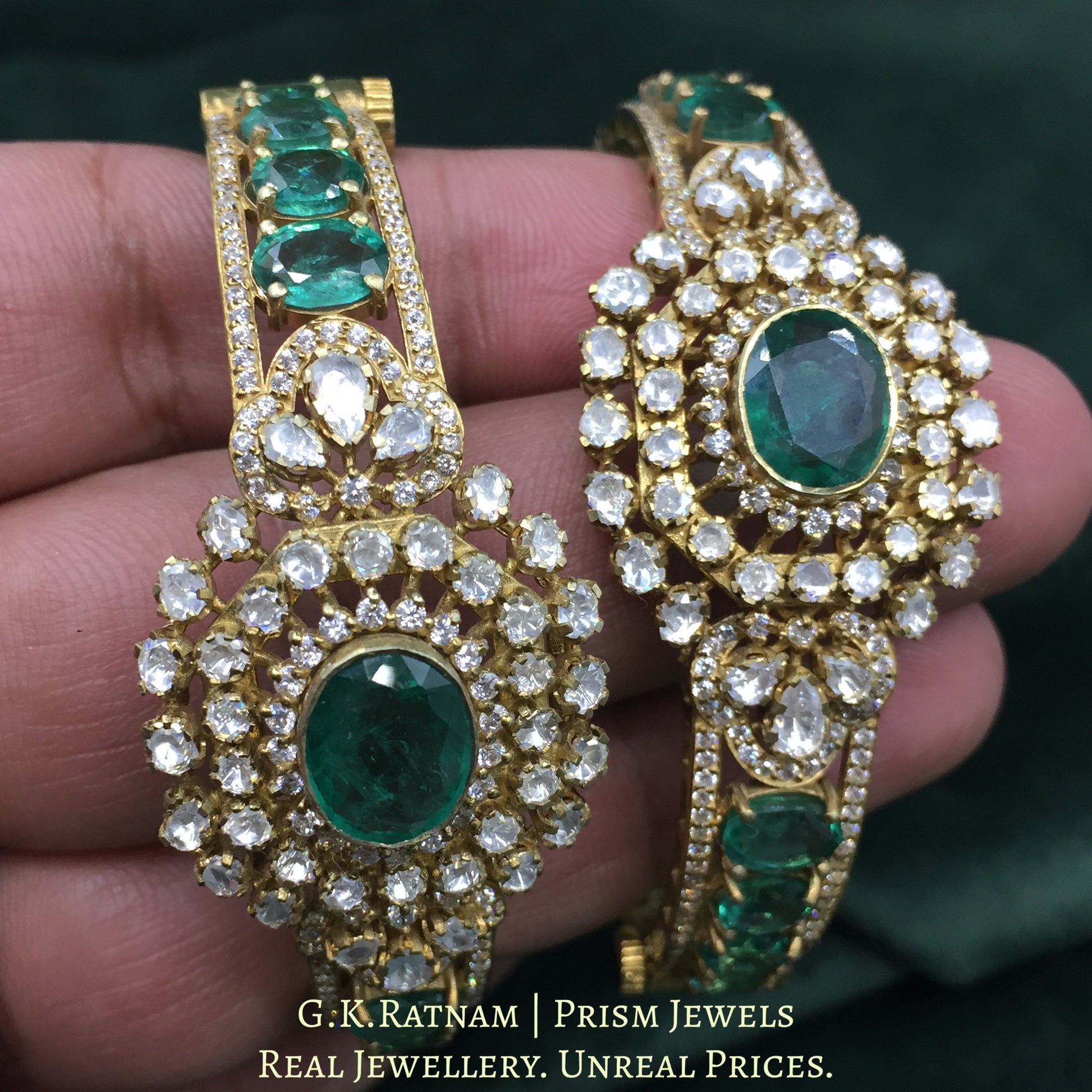 925 Silver Moissanites Bangle pair With Lab Grown Emeralds - G. K. Ratnam