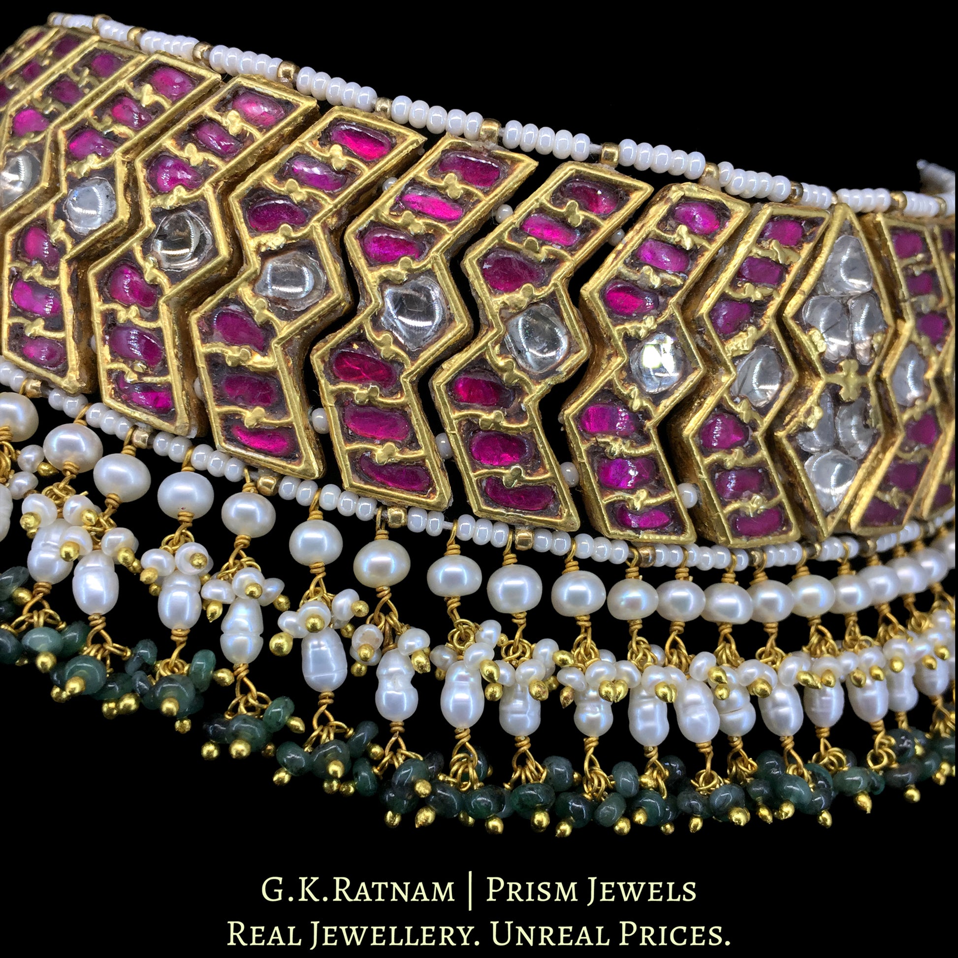 23K Gold And Diamond Polki South Style Choker Necklace With Pearls - G. K. Ratnam