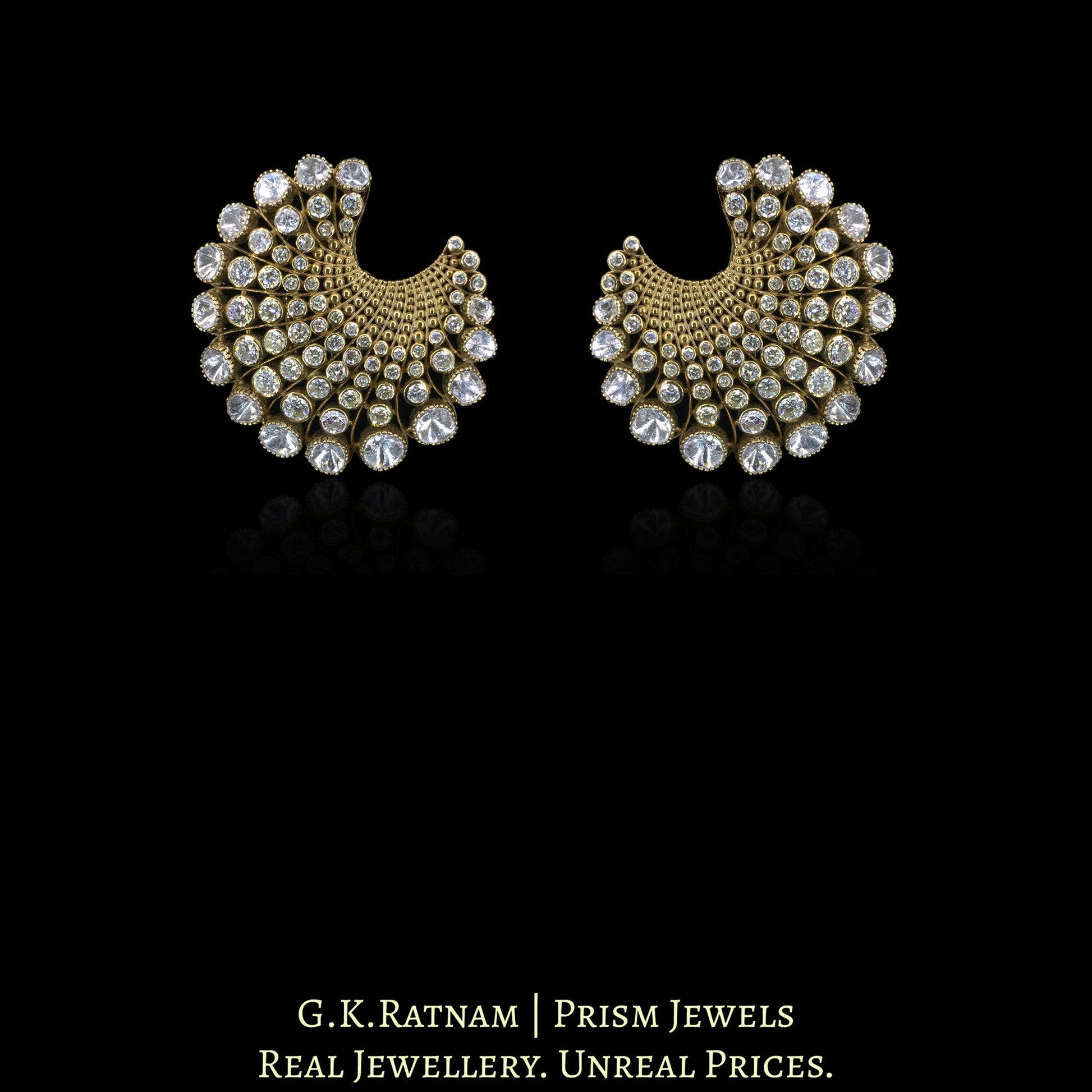 14k Gold And Diamond Polki Open Setting victorian-finish Karnfool Earring Pair - G. K. Ratnam