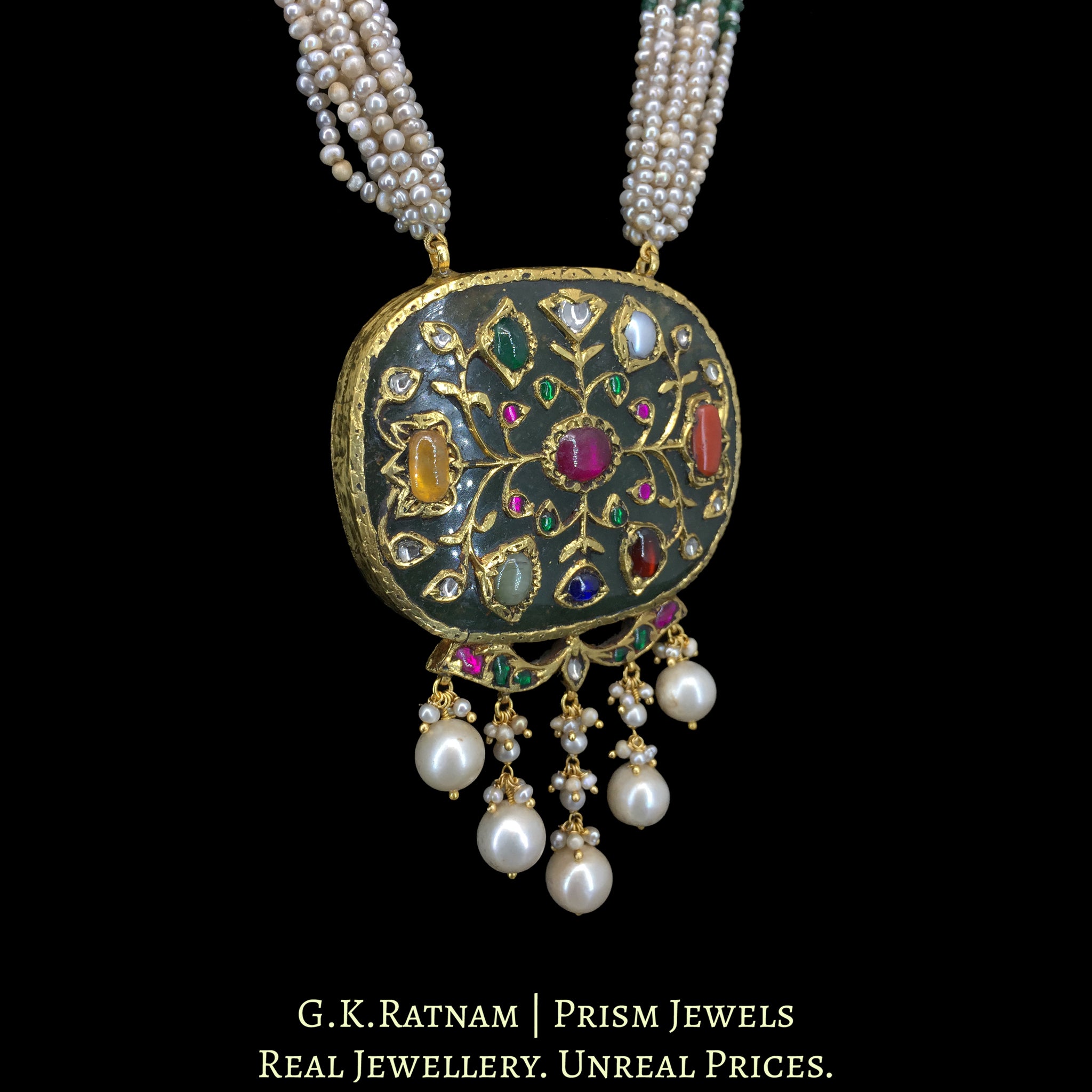 23k Gold and Diamond Polki Holdali Pendant with Antiqued Freshwater Pearls