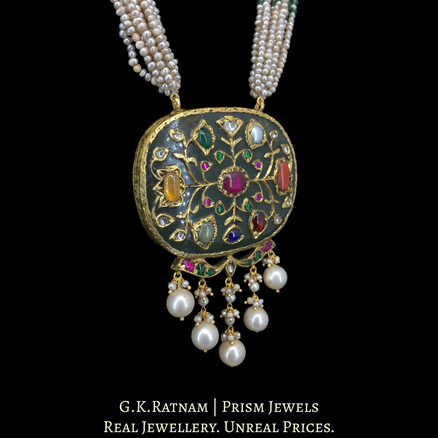 23k Gold and Diamond Polki Holdali Pendant with Antiqued Freshwater Pearls