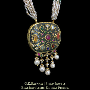 23k Gold and Diamond Polki Holdali Pendant with Antiqued Freshwater Pearls