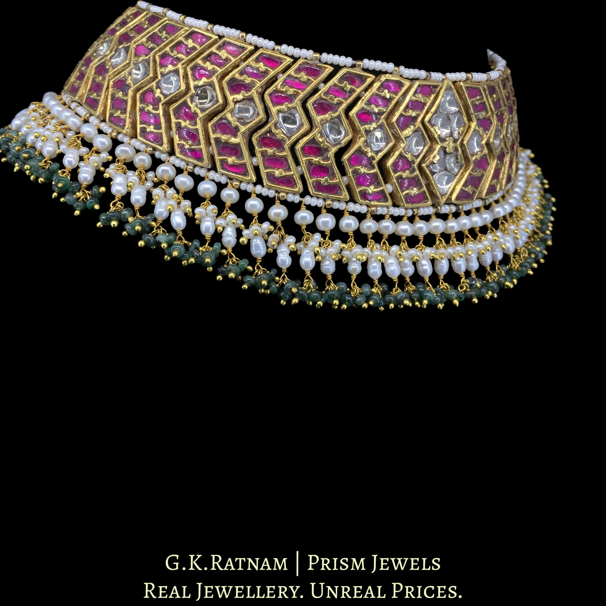 23K Gold And Diamond Polki South Style Choker Necklace With Pearls - G. K. Ratnam