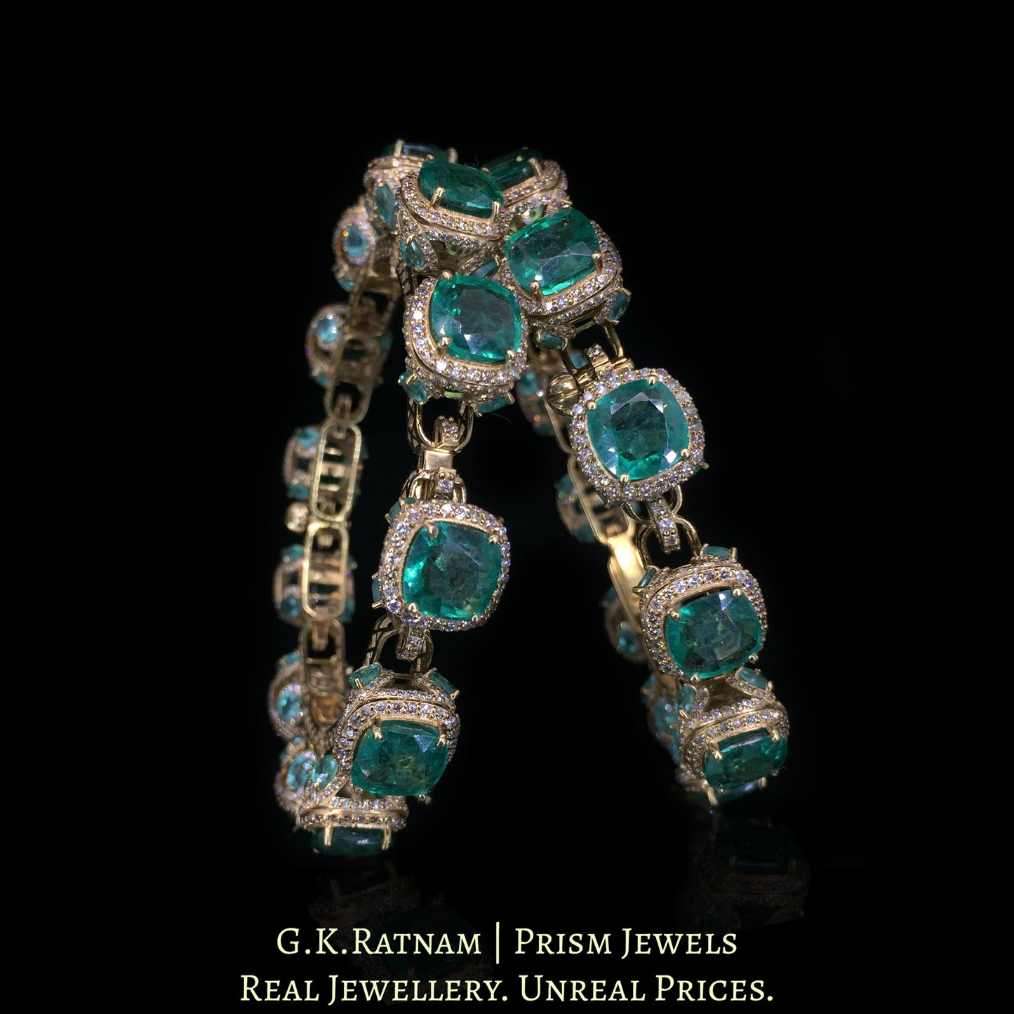 18K Gold and Diamond Polki Open Setting pacheli-style Bangle Pair with Lab Grown Emeralds