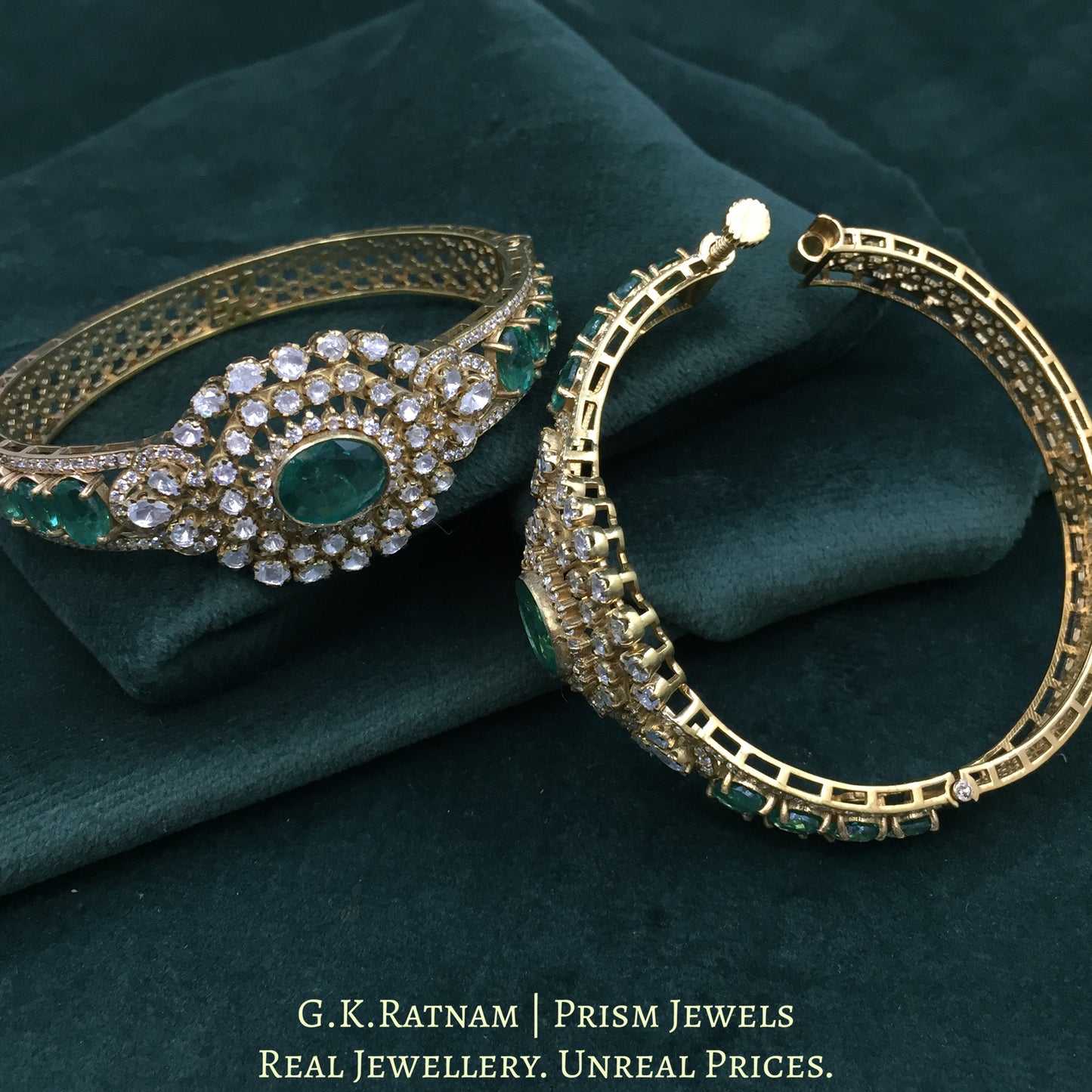 925 Silver Moissanites Bangle pair With Lab Grown Emeralds - G. K. Ratnam