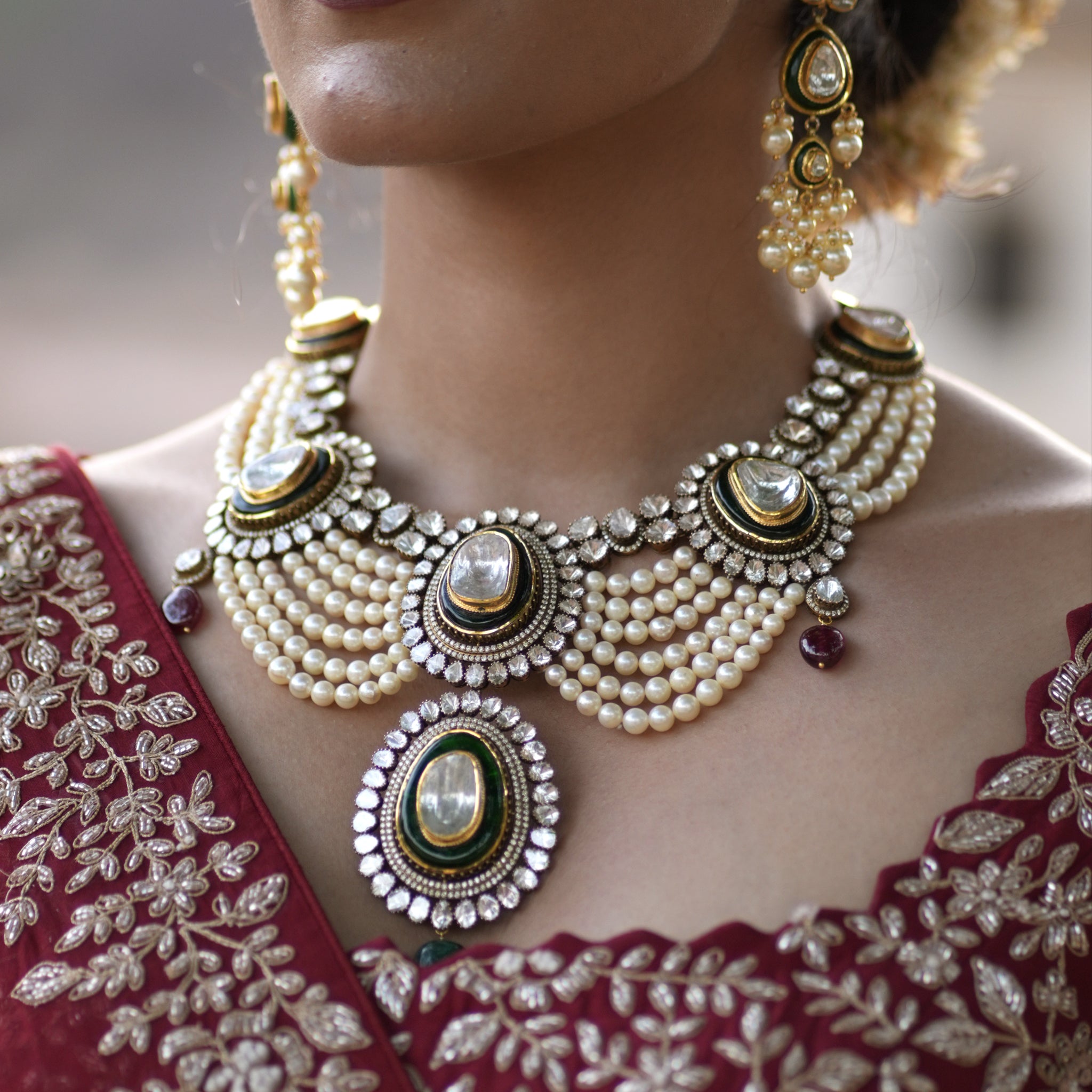 14k Gold and Diamond Polki Open Setting multi-purpose detachable Necklace in Victorian Finish