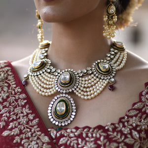 14k Gold and Diamond Polki Open Setting multi-purpose detachable Necklace in Victorian Finish