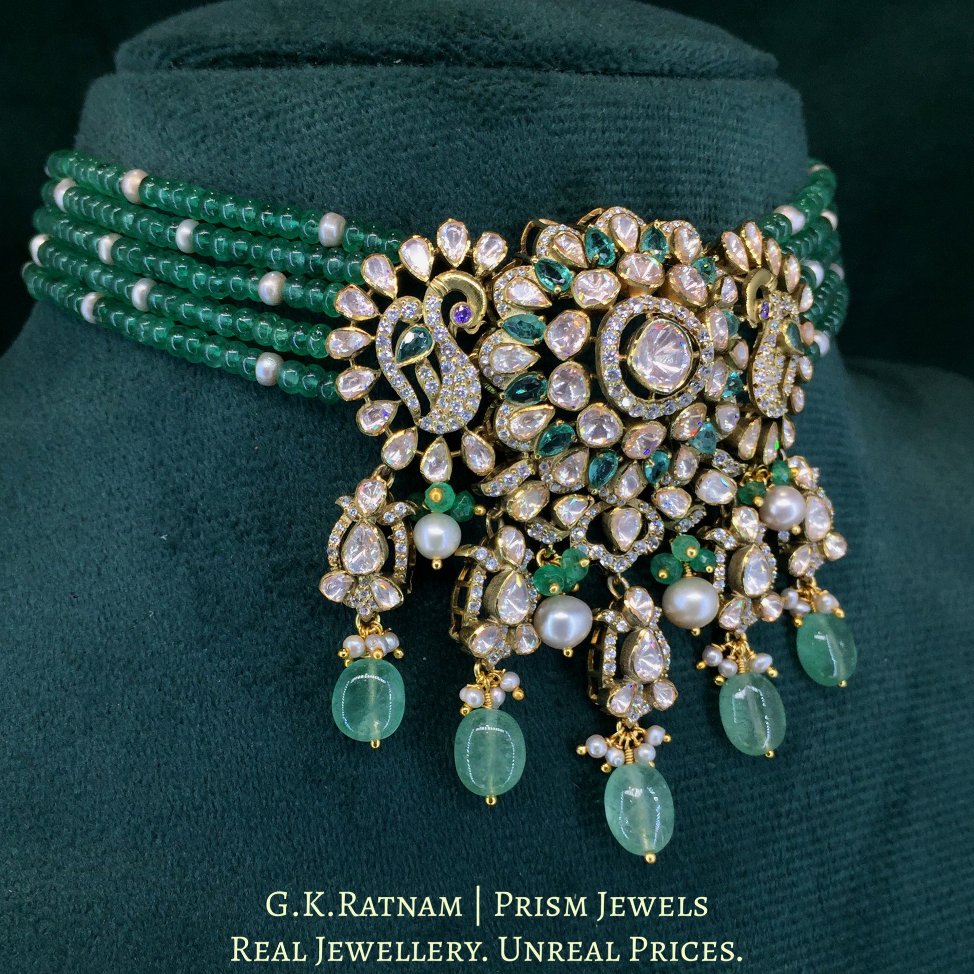 925 Silver And Moissanite Polki  Choker Necklace Set With Strawberry Quartz And Pearls - G. K. Ratnam