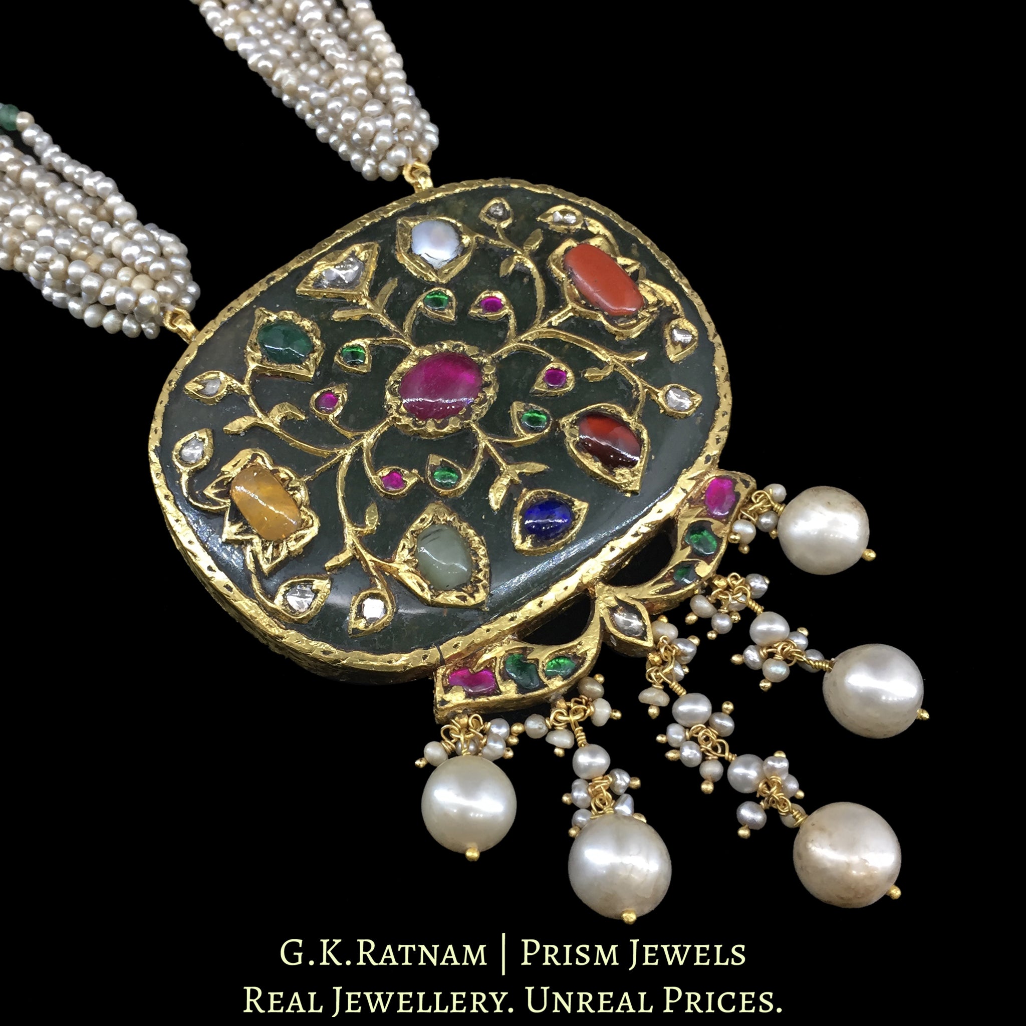 23k Gold and Diamond Polki Holdali Pendant with Antiqued Freshwater Pearls