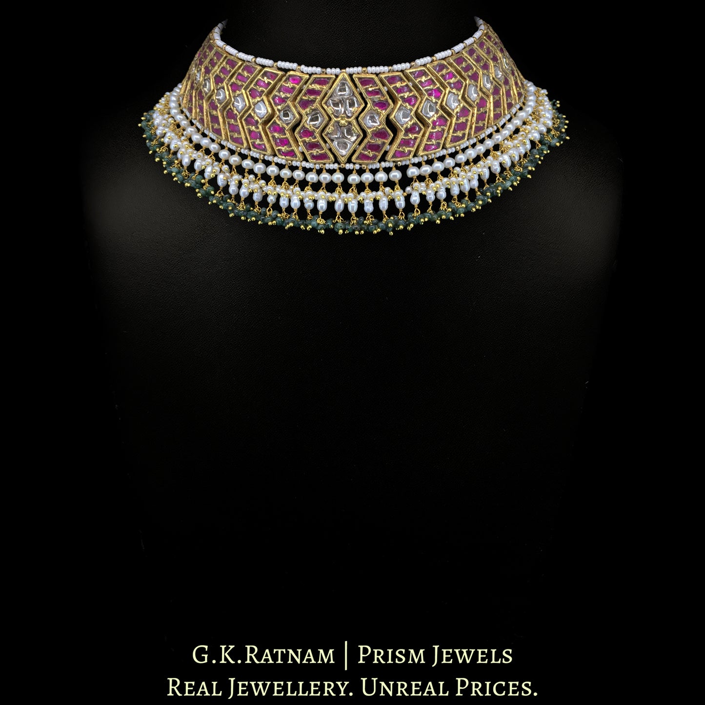 23K Gold And Diamond Polki South Style Choker Necklace With Pearls - G. K. Ratnam