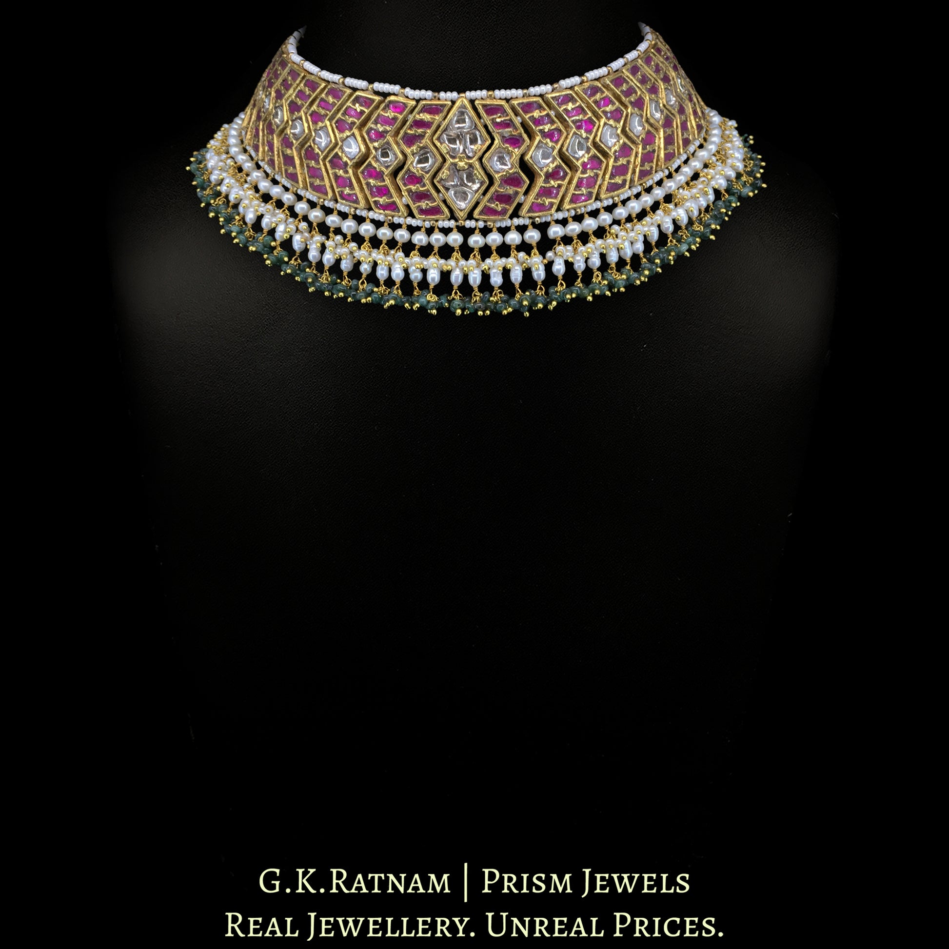 23K Gold And Diamond Polki South Style Choker Necklace With Pearls - G. K. Ratnam