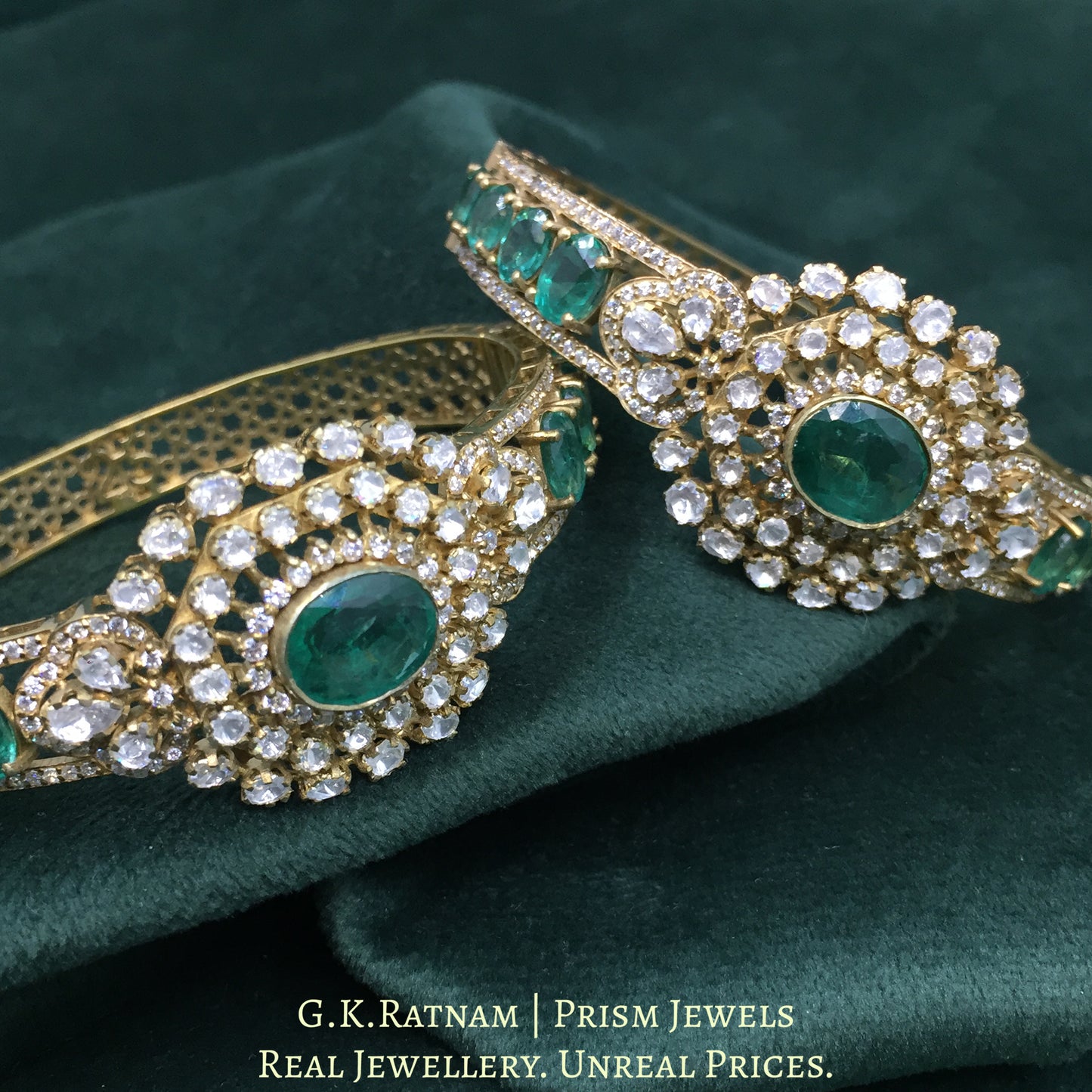 925 Silver Moissanites Bangle pair With Lab Grown Emeralds - G. K. Ratnam