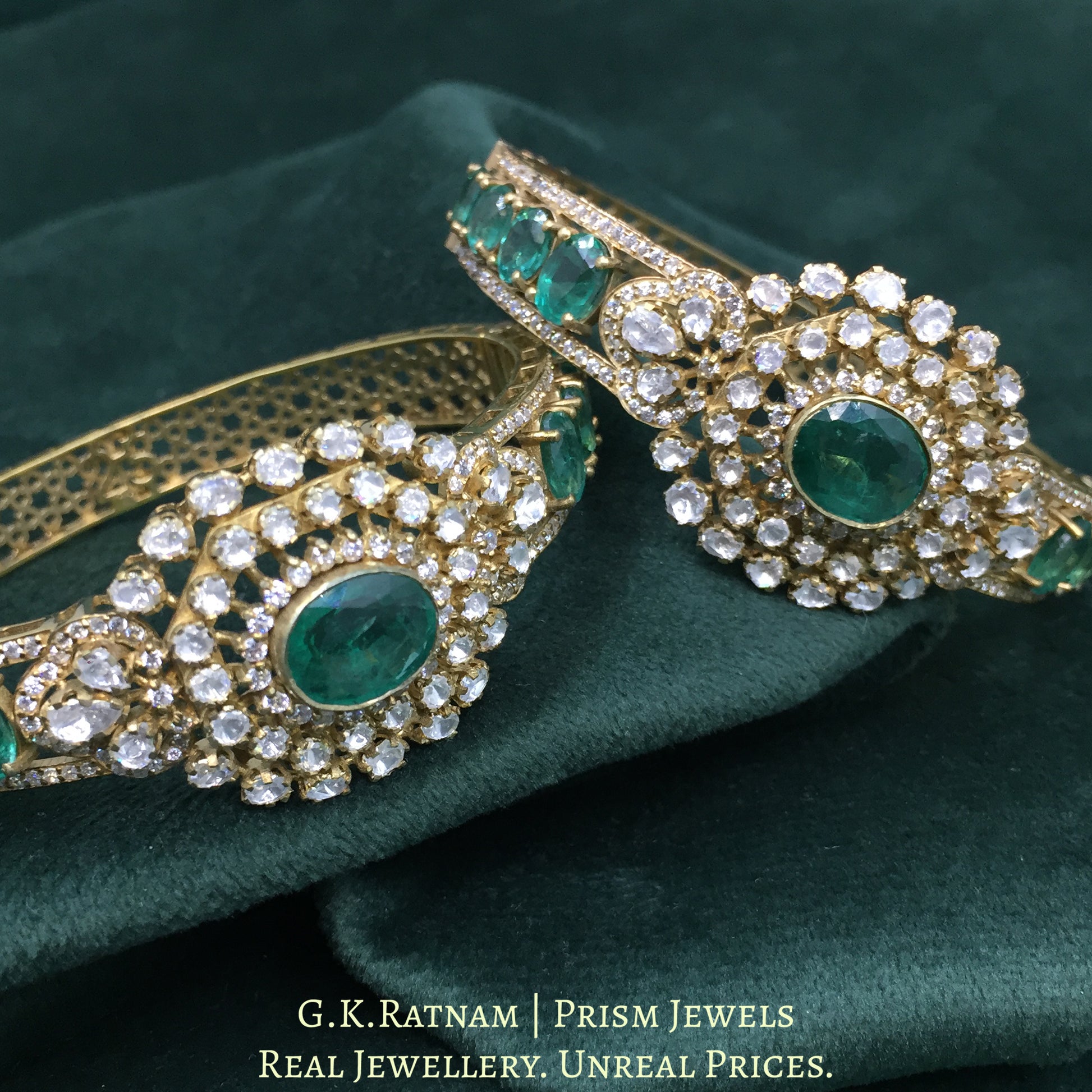 925 Silver Moissanites Bangle pair With Lab Grown Emeralds - G. K. Ratnam