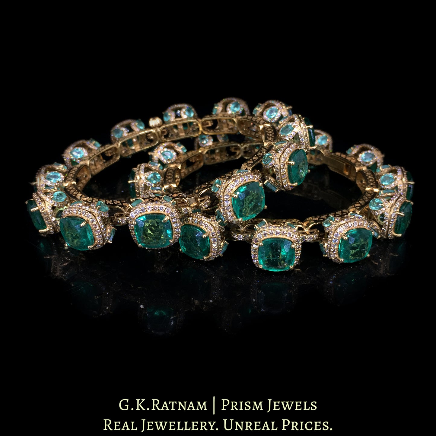 18K Gold and Diamond Polki Open Setting pacheli-style Bangle Pair with Lab Grown Emeralds