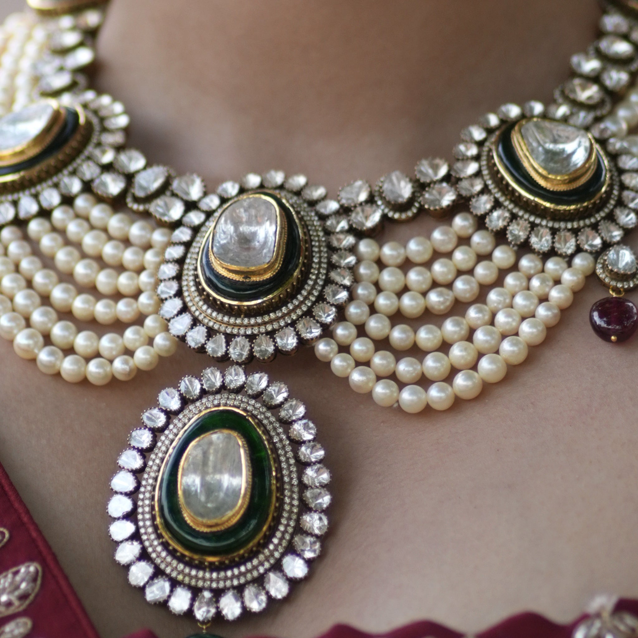 14k Gold and Diamond Polki Open Setting multi-purpose detachable Necklace in Victorian Finish