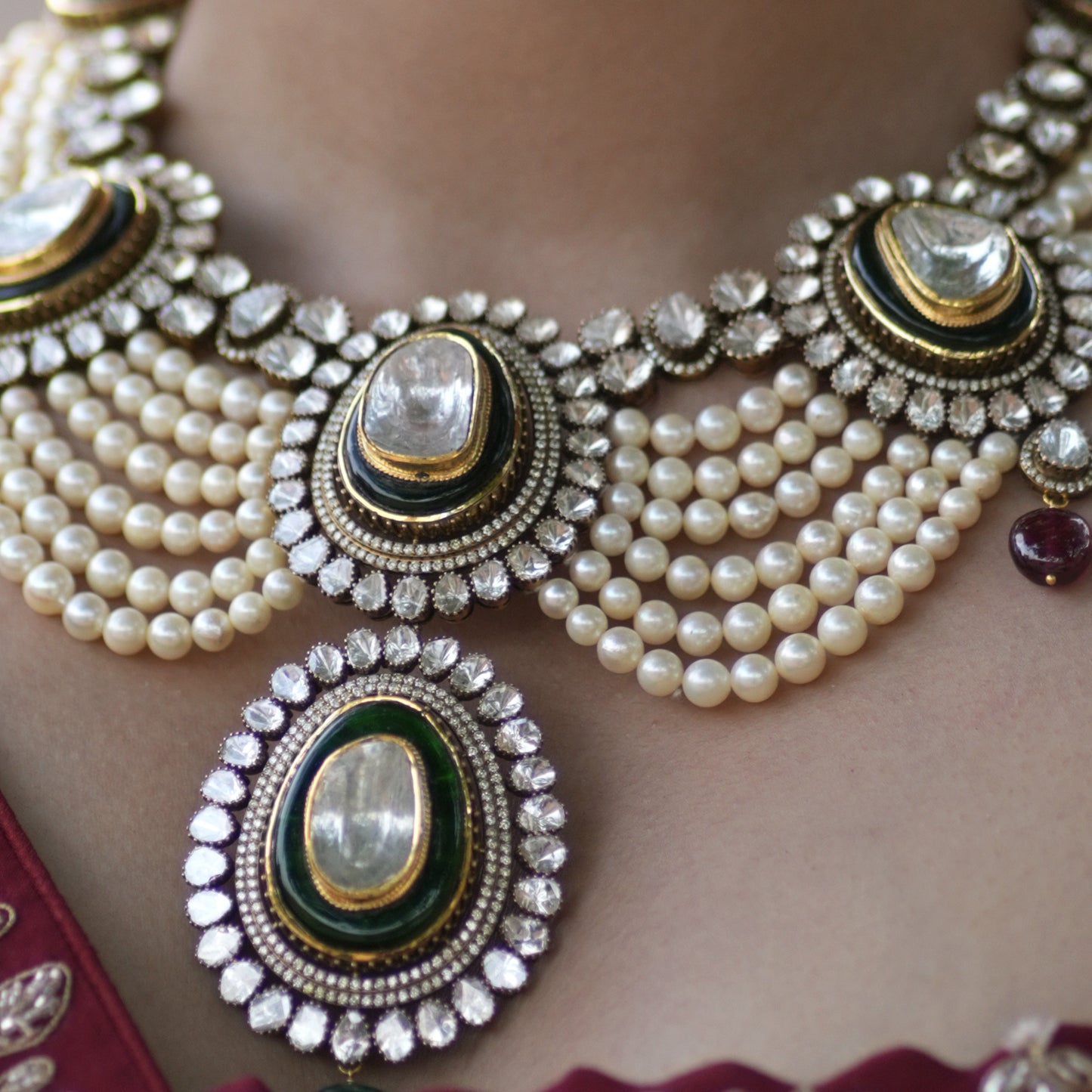 14k Gold and Diamond Polki Open Setting multi-purpose detachable Necklace in Victorian Finish
