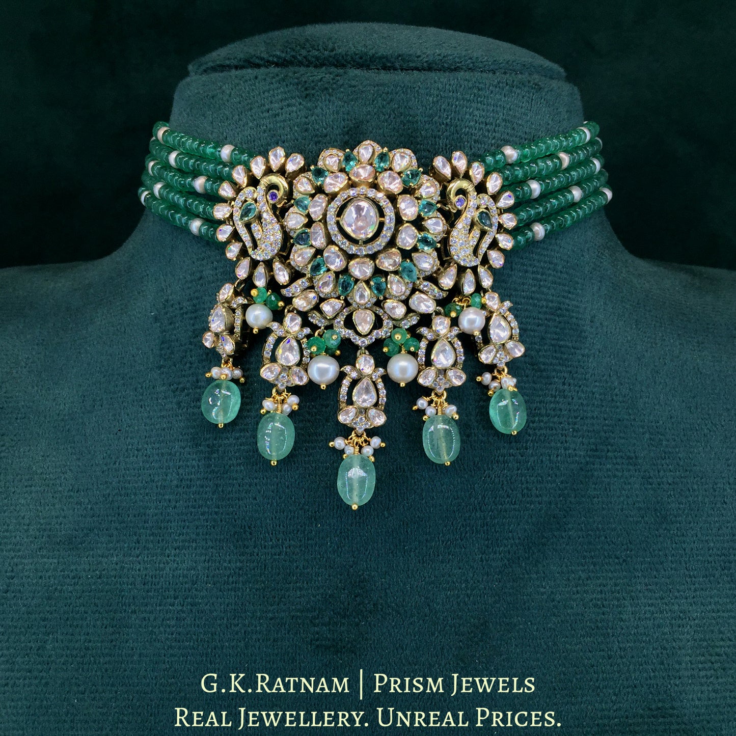 925 Silver And Moissanite Polki  Choker Necklace Set With Strawberry Quartz And Pearls - G. K. Ratnam