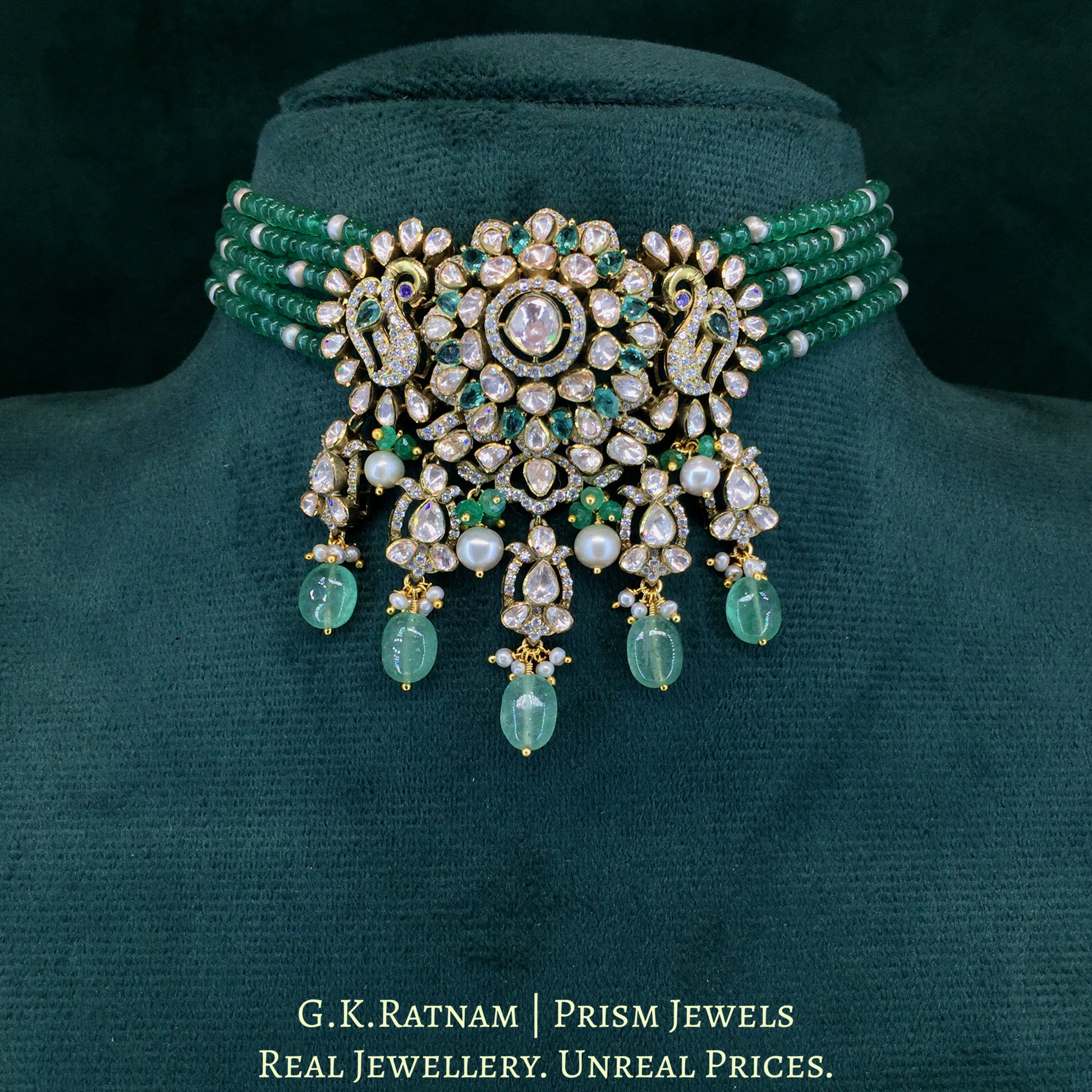925 Silver And Moissanite Polki  Choker Necklace Set With Strawberry Quartz And Pearls - G. K. Ratnam