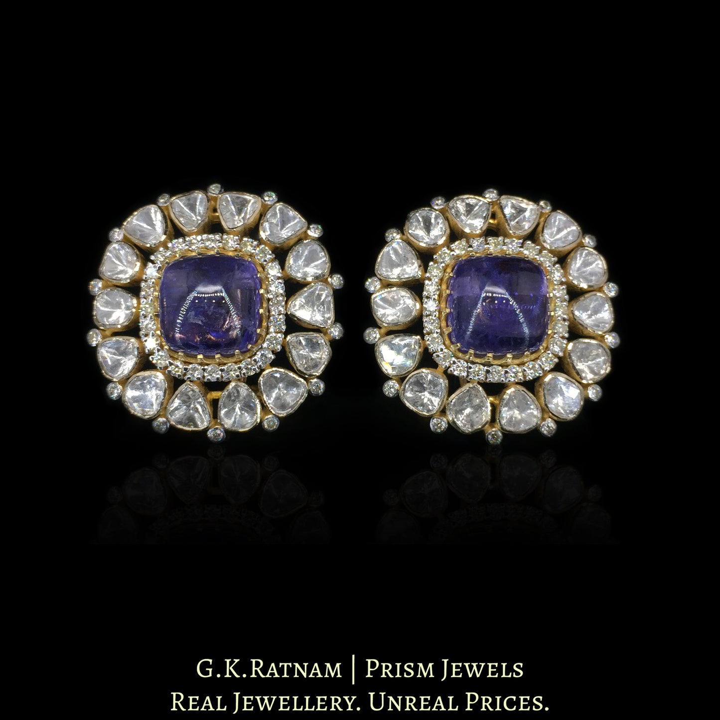 14k Gold and Diamond Polki Open Setting Karnfool Earring Pair with Lab Grown Tanzanites