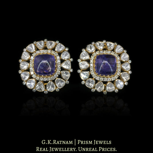 14k Gold and Diamond Polki Open Setting Karnfool Earring Pair with Lab Grown Tanzanites