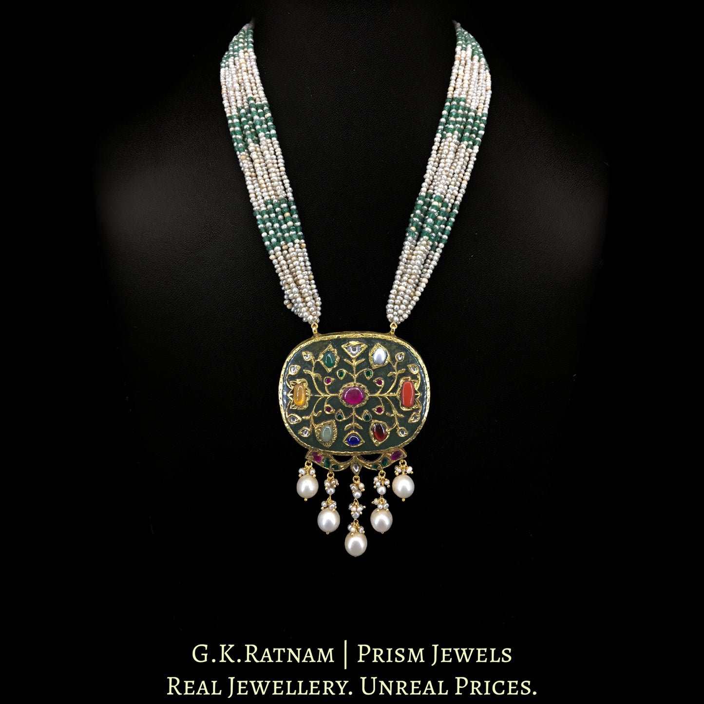 23k Gold and Diamond Polki Holdali Pendant with Antiqued Freshwater Pearls