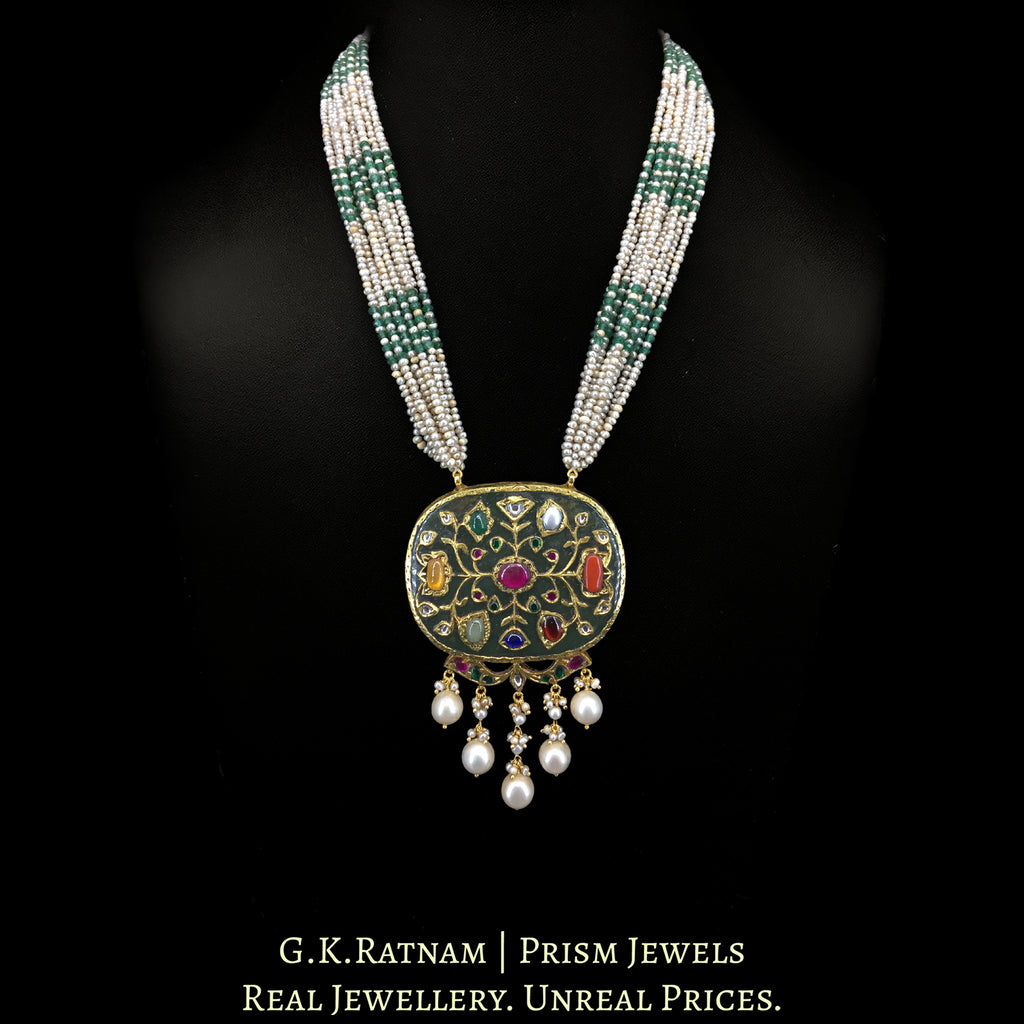 23k Gold and Diamond Polki Holdali Pendant with Antiqued Freshwater Pearls