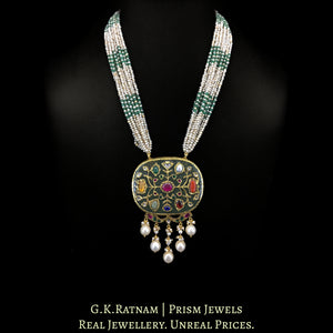 23k Gold and Diamond Polki Holdali Pendant with Antiqued Freshwater Pearls