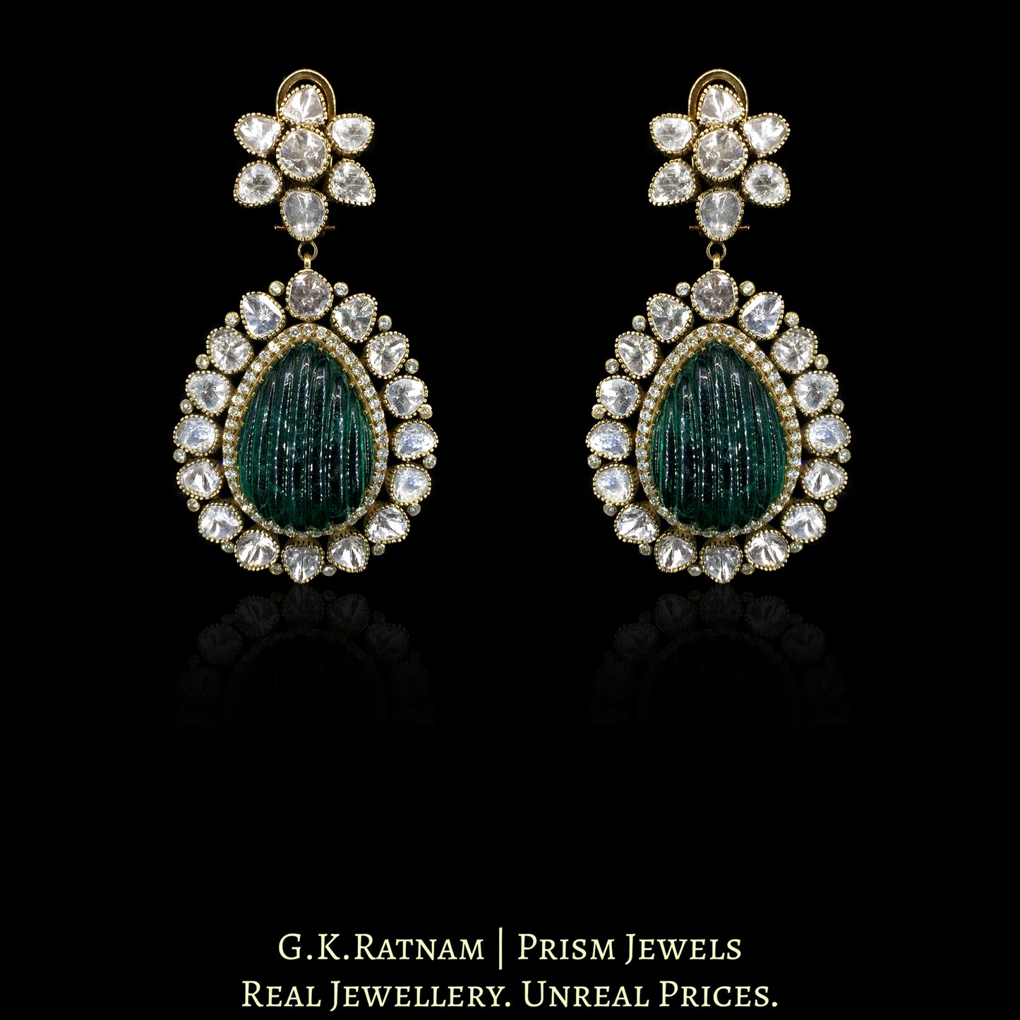 14K Gold And Diamond Polki Long Earrings With Lab Grown Emerald - G. K. Ratnam